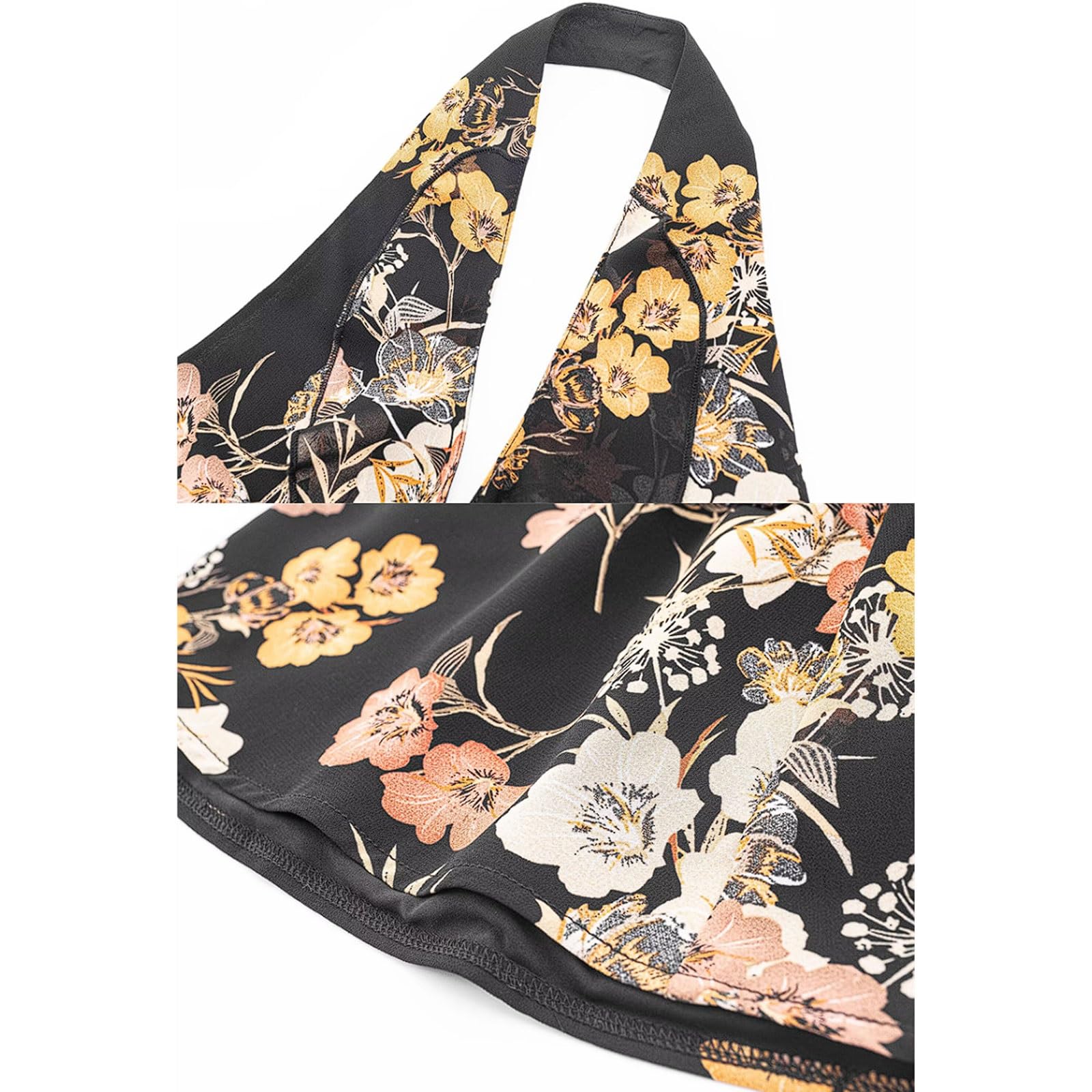 esmen Top Camisola con Cuello Halter Estilo Retro for Mujer Escote en V Profundo Estampado de Volantes el Pecho y Lazo Grande Base Negra