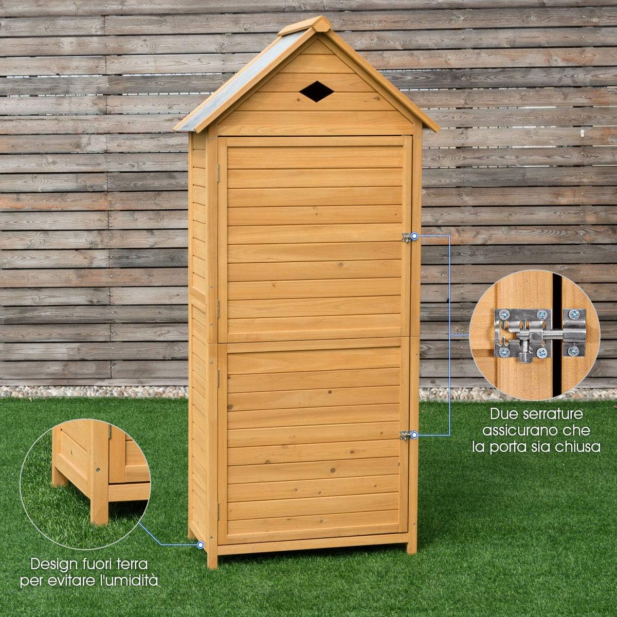 GYMAX Armadio da Esterno in Legno, Casetta Porta Attrezzi da Giardino con Ripiani Rimovibili, Capanno Tetto in Lamiera Zincat Impermeabile, con 2 Porte, 80 x 45 x 177cm(Stile 1)