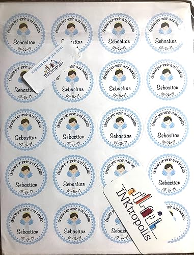 Miniatura 2 de Personalized Customized Baptism Party Favor Thank You Stickers - Brown Hair Angel Boy - Round Labels - Choose Your Size