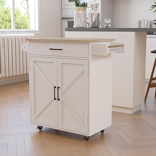 Miniatura 2 de RASOO Isla de cocina con almacenamiento, carrito de cocina blanco rodante sobre ruedas, estante ajustable, carrito de isla de madera maciza de goma