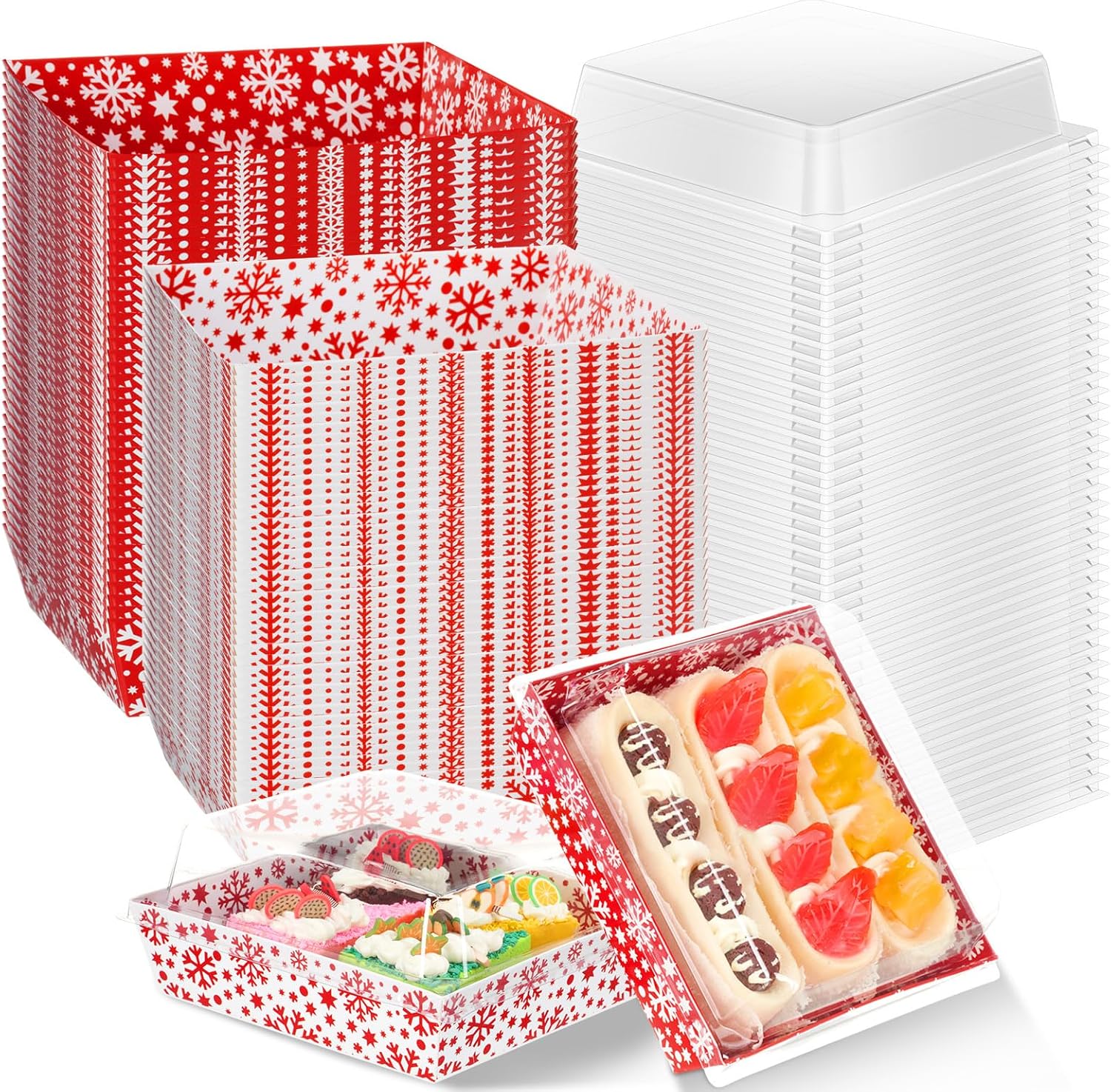 100 Pack Christmas Charcuterie Boxes with Clear Lids – Red & White Snowflake Design Boxes with Window for Cookies, Candy, and Mini Cakes – Ideal for Gift Giving & Bakery Packaging 100 Red and White Snowflake