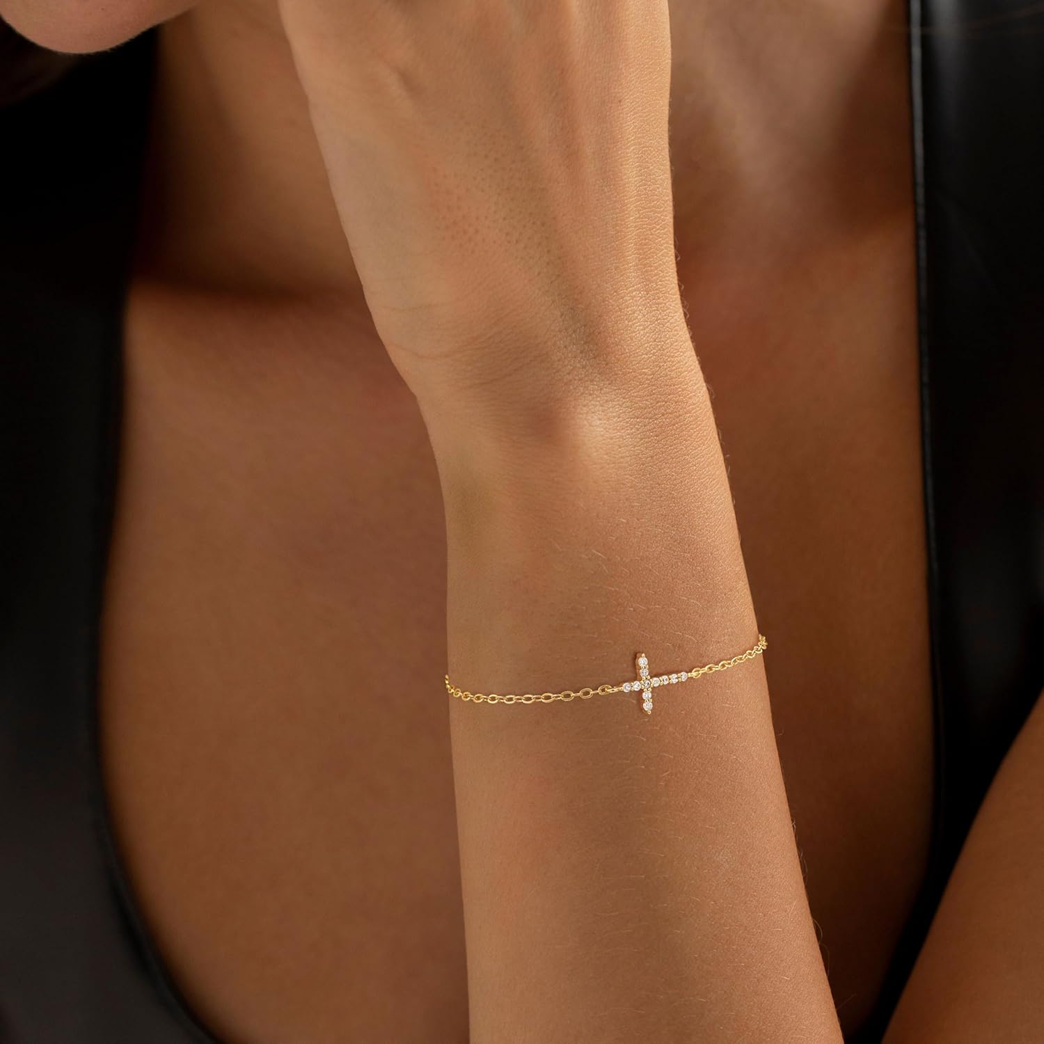 Gold Cross Bracelet for Women, Dainty Gold Plated CZ Cross Jesus Charms Love Knot Bracelets Trendy Thin Pearl Link Paperclip Double Chain Bracelets Christian Baptism Jewelry Christmas Gifts - Image 3