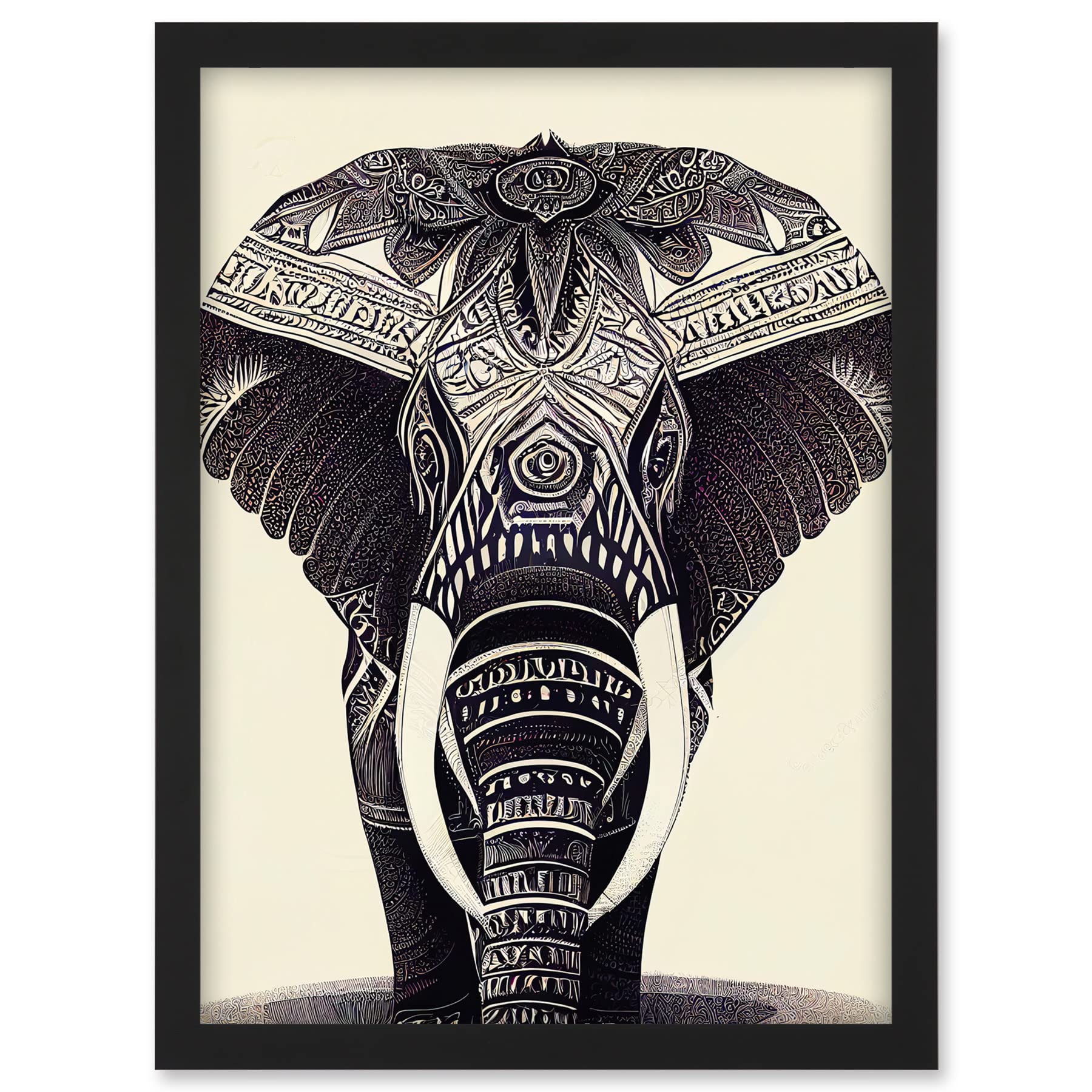 Doppelganger33 LTD Illustration Of Elephant With Tribal Patterns Black And White Artwork Framed A3 Wall Art Print