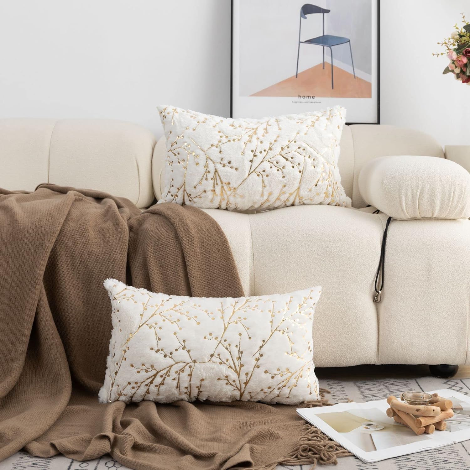 LIGICKY Set of 2 Fluffy White Faux Fur Lumbar Pillow Covers Gold Branches Glitter Throw Pillows Decorative Soft Furry Sparkling Rectangle Cushion Cases for Sofa Bedroom Party Décor 12x20 inch - Image 2