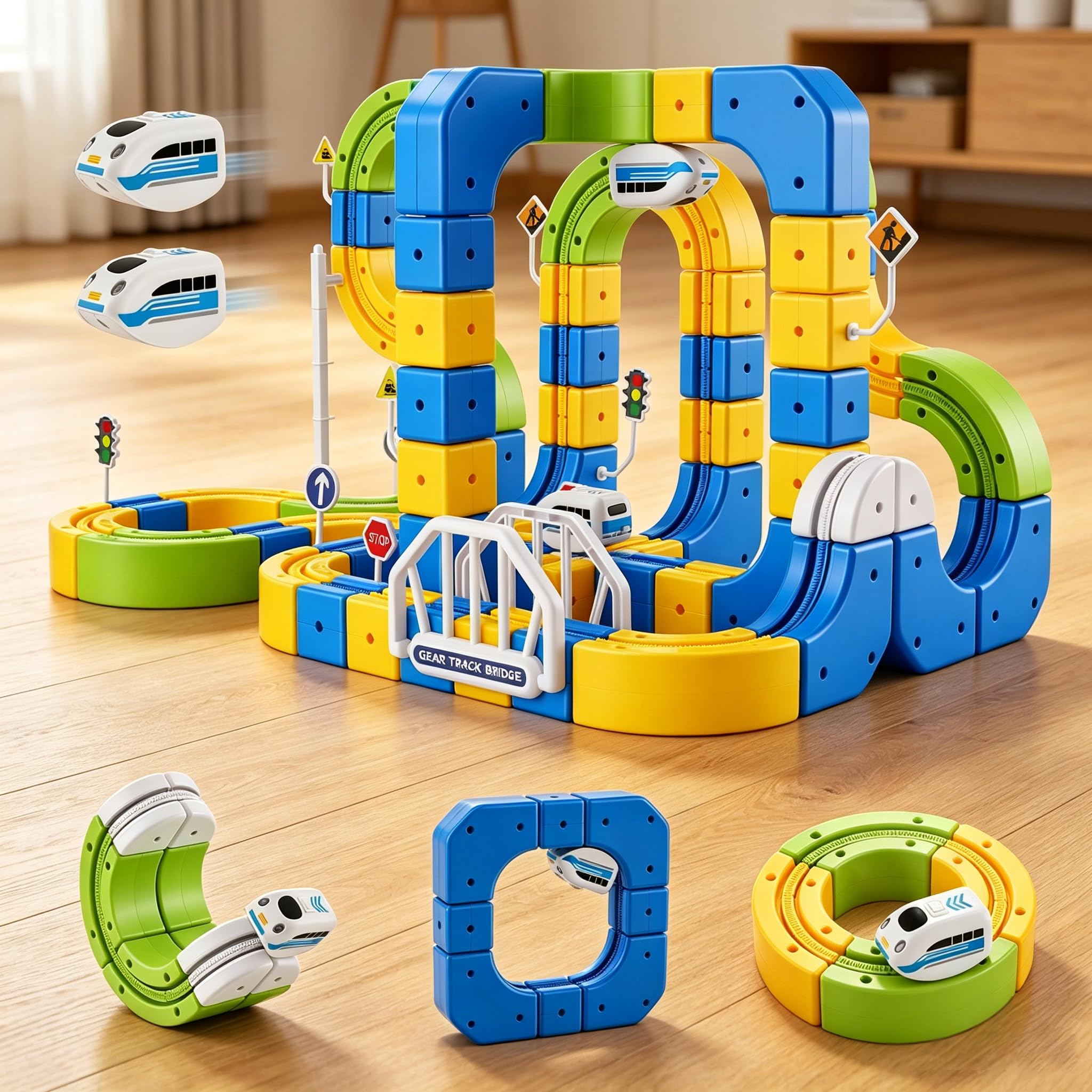 Set di 224 pezzi Cube Track con ventosa e carica di tipo C, ferrovia elettrica con 2 treni e traccia ingranaggi 3D, fai da te, sistema di montaggio a parete, rotaie cubo set per bambini dai 3 agli 8
