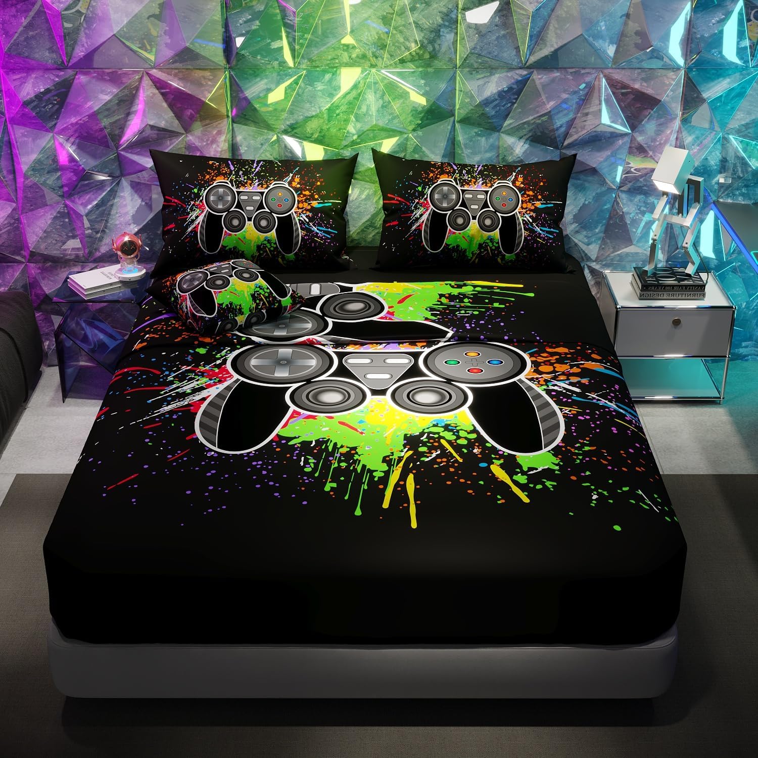 Namoxpa6 Pieces Home Video Gamer Comforter Sets for Boys Teens and Adults,Black Green color,3D Video Game Bedding Sets with Comforter,Flat Sheet,Fitted Sheet,Throw Pillow Cover,Pillow Shams,Queen Size