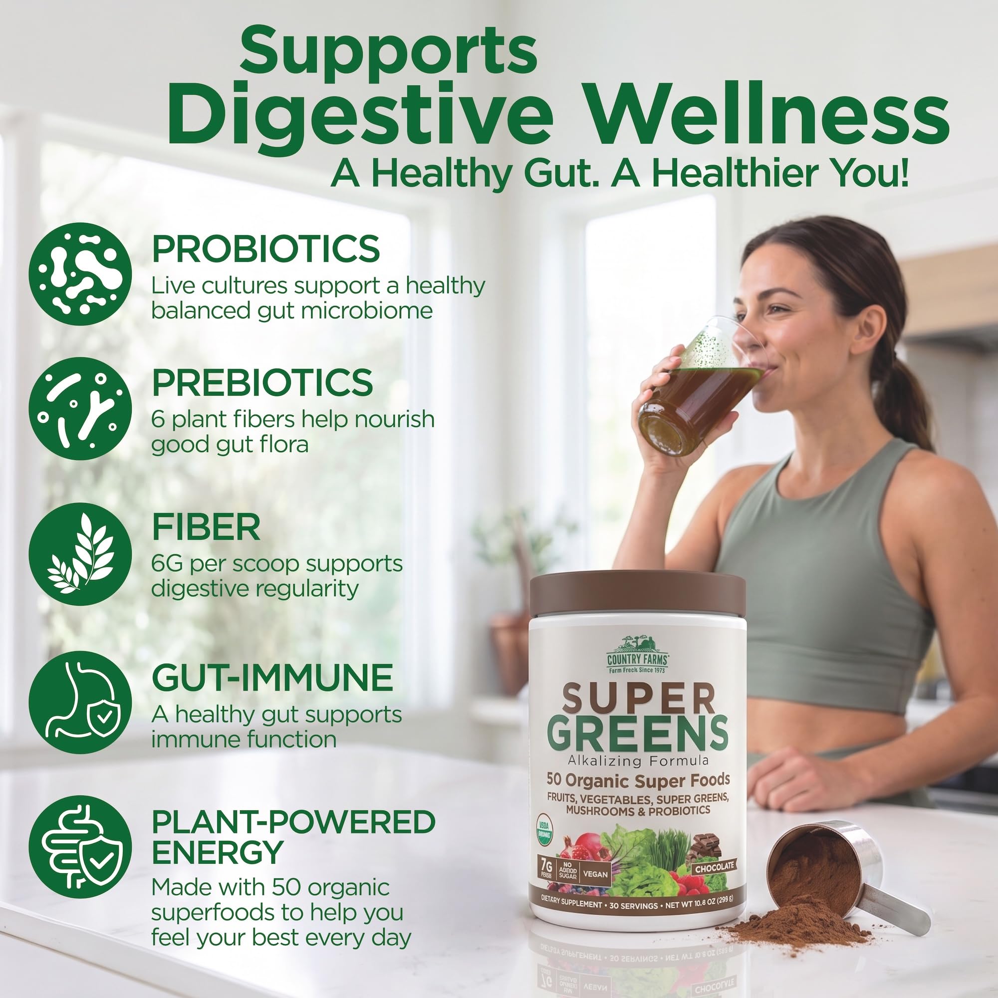 Country Farms Organic Super Greens Powder, Chocolate Flavor, Daily Greens with Fiber, Mushrooms & Probiotics for Gut Health and Energy — Amazon image 4