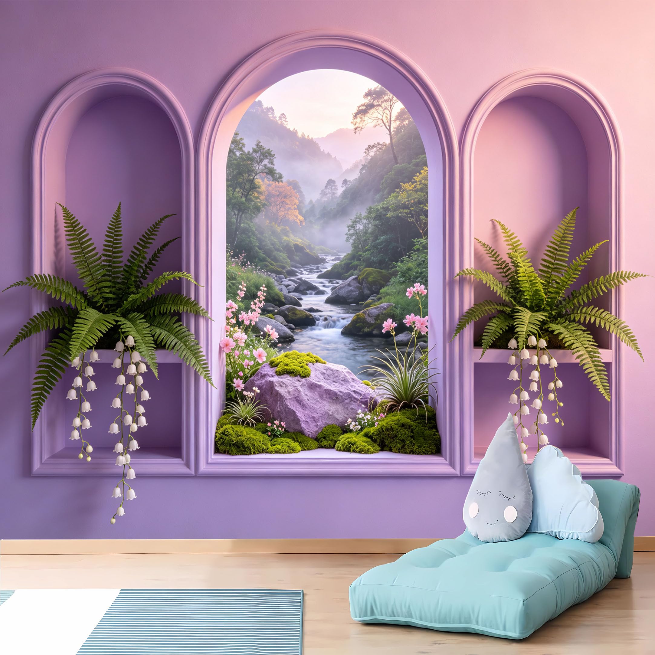 Custom Size Wall Murals 3D Misty Mountain Stream Through Lavender Arched Window Wall Covering Fabric Self-Adhesive Wall Fabric (NO PVC) Removable Wallpaper