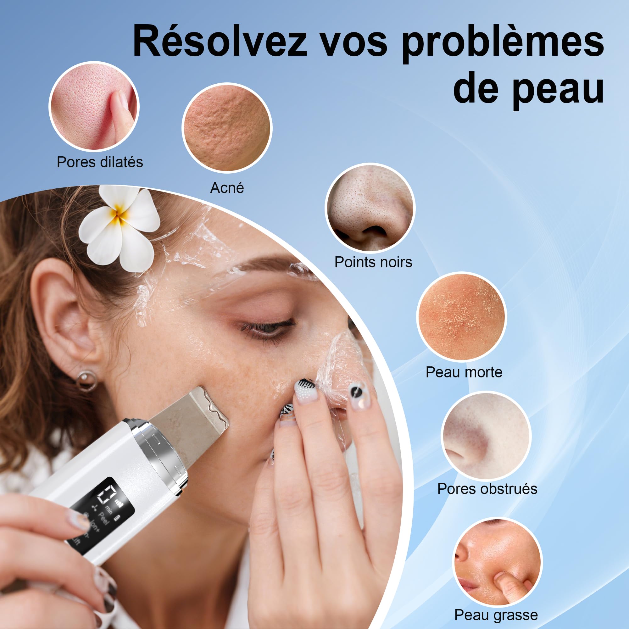 Épurateur de Peau à Ultrasons, Épurateur Visage Skin Scrubber avec 4 Modes et Intensité Réglable, Lumière Rouge et Bleue, Appareil de Nettoyage Exfoliant à Ultrasons