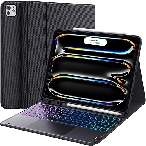 CHESONA Teclado iPad Pro 13 (M4, 2024), 3-Zonas 7-Colores Retroiluminada, Trackpad Inteligente, 2 Canales BT, 3 Ángulos Ajustables, Teclado Desmontable Magnético para iPad Pro 13 2024, Negro - Para iPad Pro 13 M4 2024 - Negro