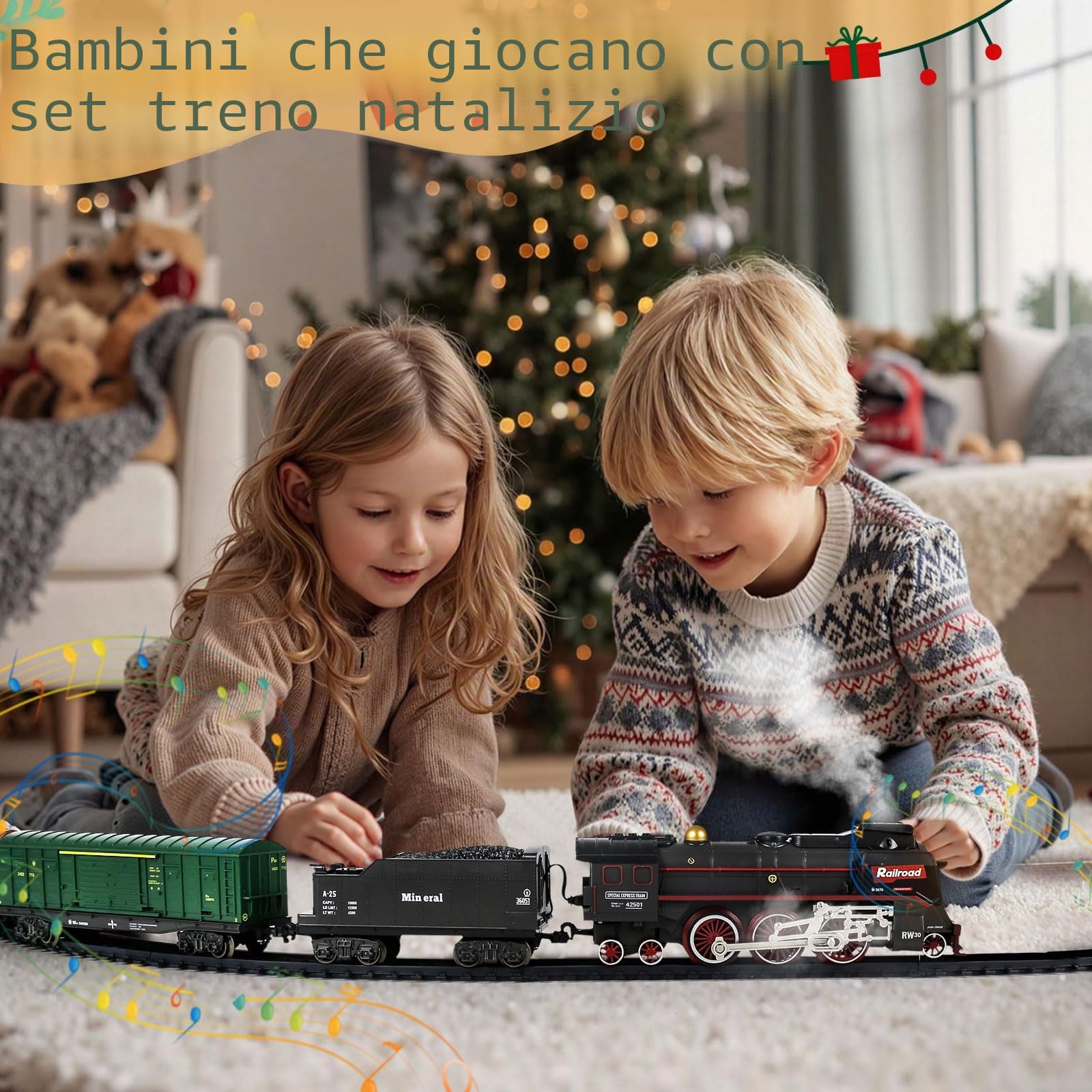 Set Treno Elettrico Telecomandato Natalizio con 3 Uscite di Fumo, Luci e Suoni, Locomotiva e Vagoni su Binari, Telecomando, Decorazione sotto l’Albero di Natale, Regalo per Bambini dai 3 Anni in su
