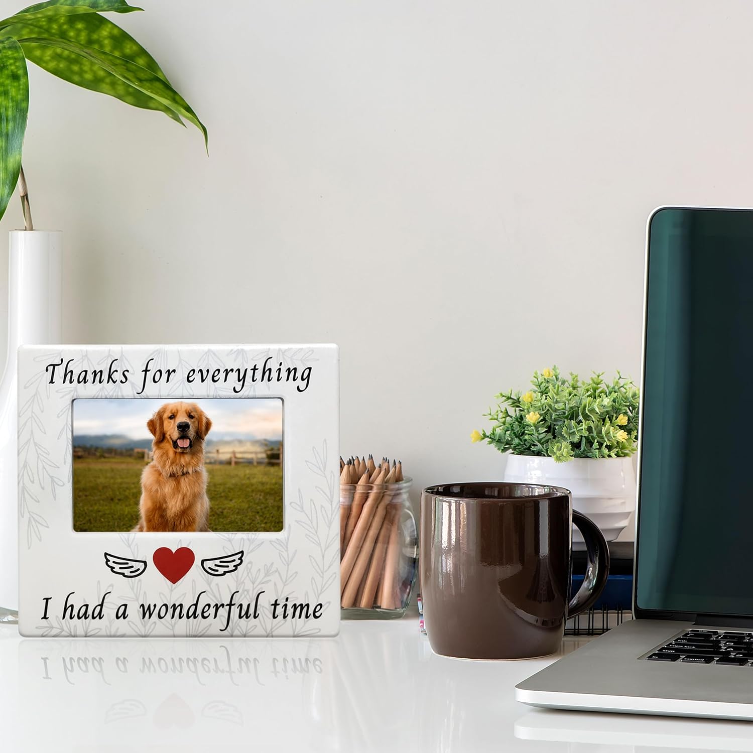 BANBERRY DESIGNS Pet Memorial Picture Frames - Set of 2 - Thanks for Everything I had a Wonderful Time - Ceramic Photo Plaque - 4" X 6" Photograph - Dog Cat Loss Sympathy Gifts - Loss of Pet Gift