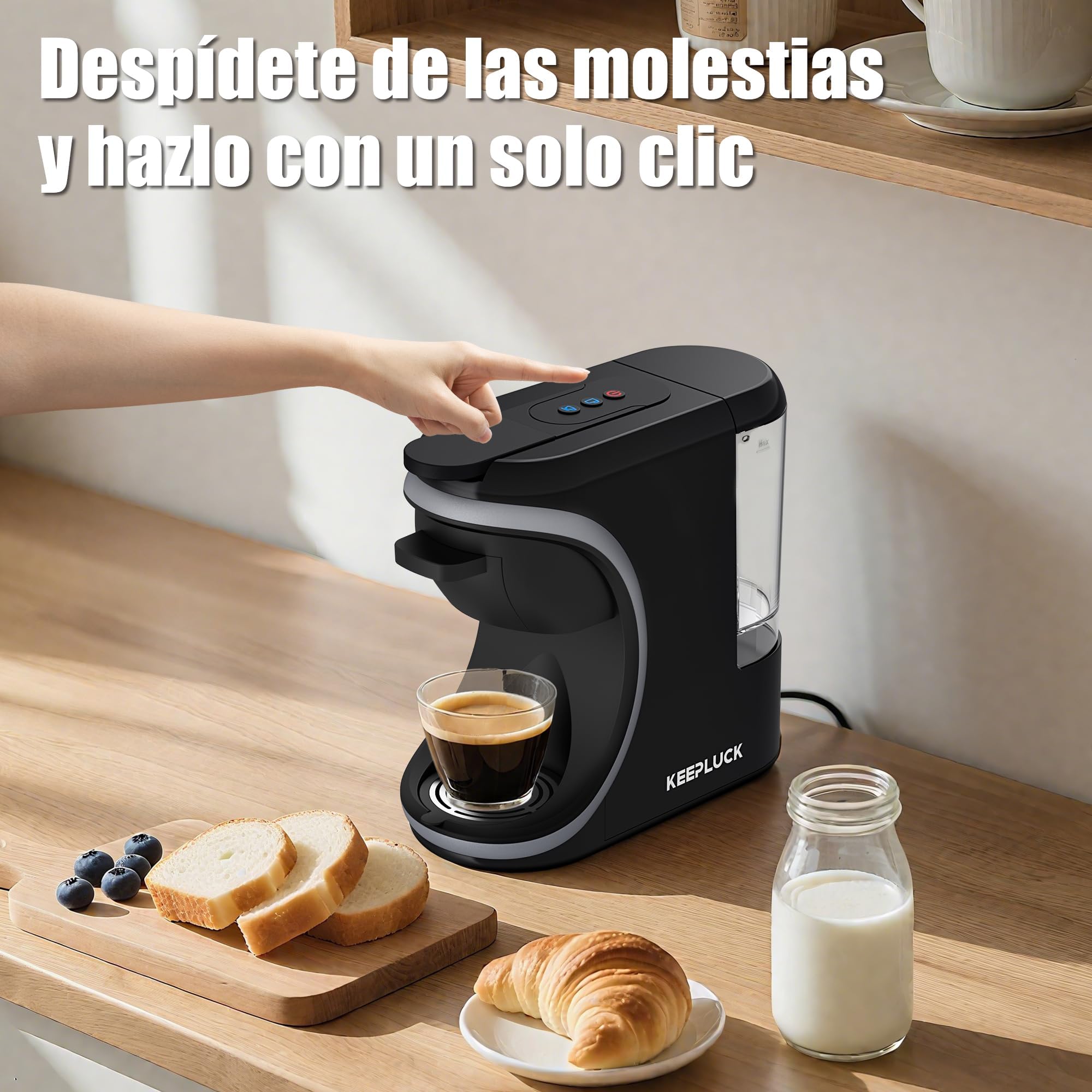 ST-551 3 en 1 Cafetera de cápsulas para Nespresso Original/Dolce Gusto/café molido, dos ajustes de agua, diseño compacto, depósito de agua extraíble de 600 ml (negro)