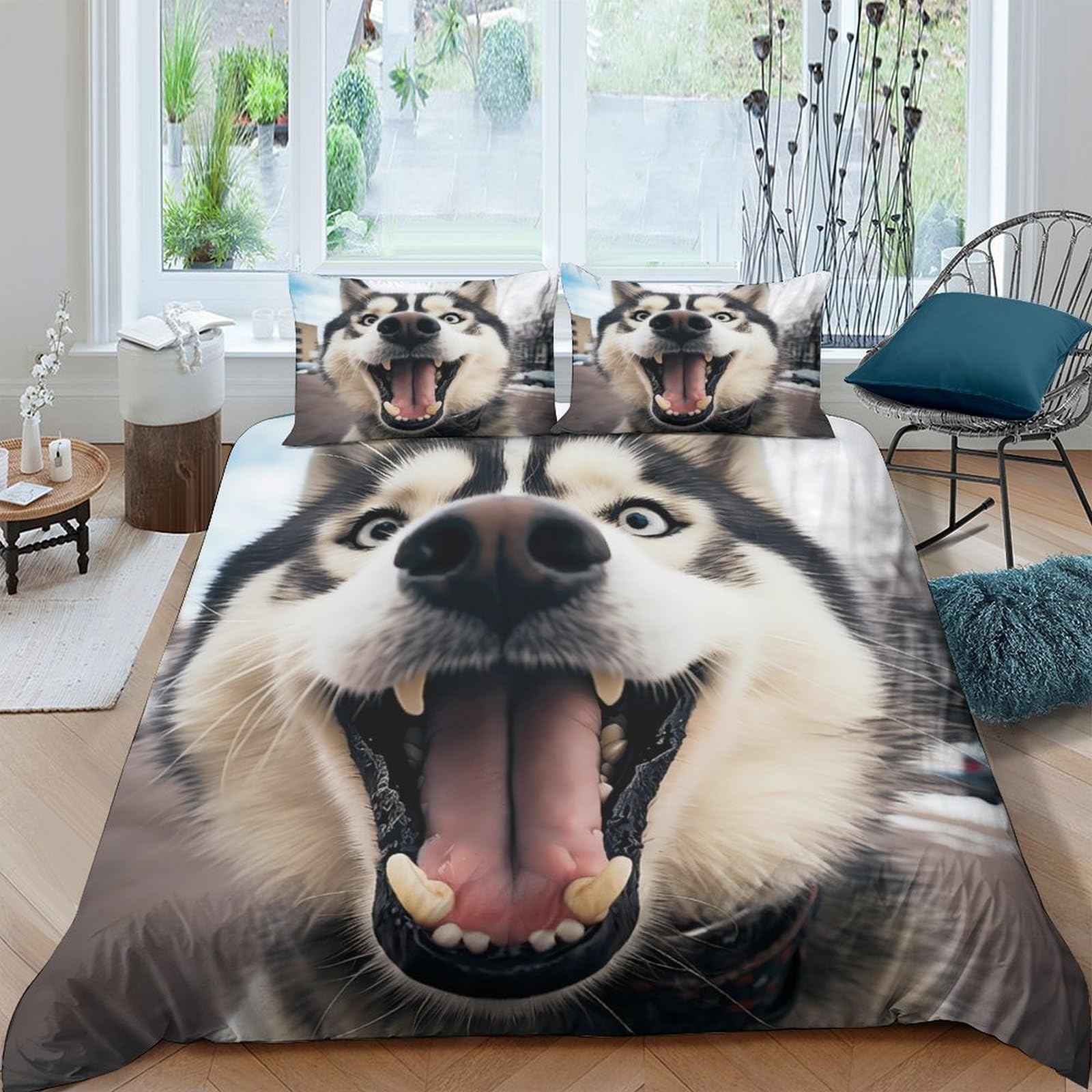 Ctjqhvkz Style-5 3D Printed Husky Dog Fitted Sheet Microfiber Soft Animal Smile Bed Sheet Anti-Slip Machine Washable Bedroom Decor Single（135X200cm）