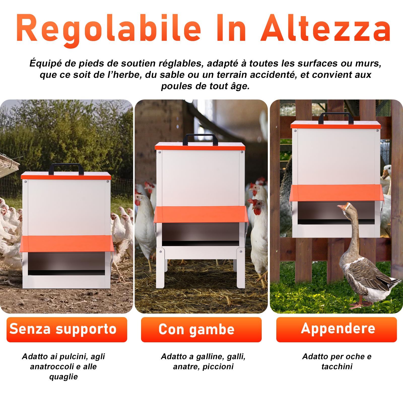 Mangeoire Automatique pour Poules avec Pieds Surélevés, Distributeur de Nourriture en Métal de 15KG, Installation Suspendue Possible, Solide et Durable