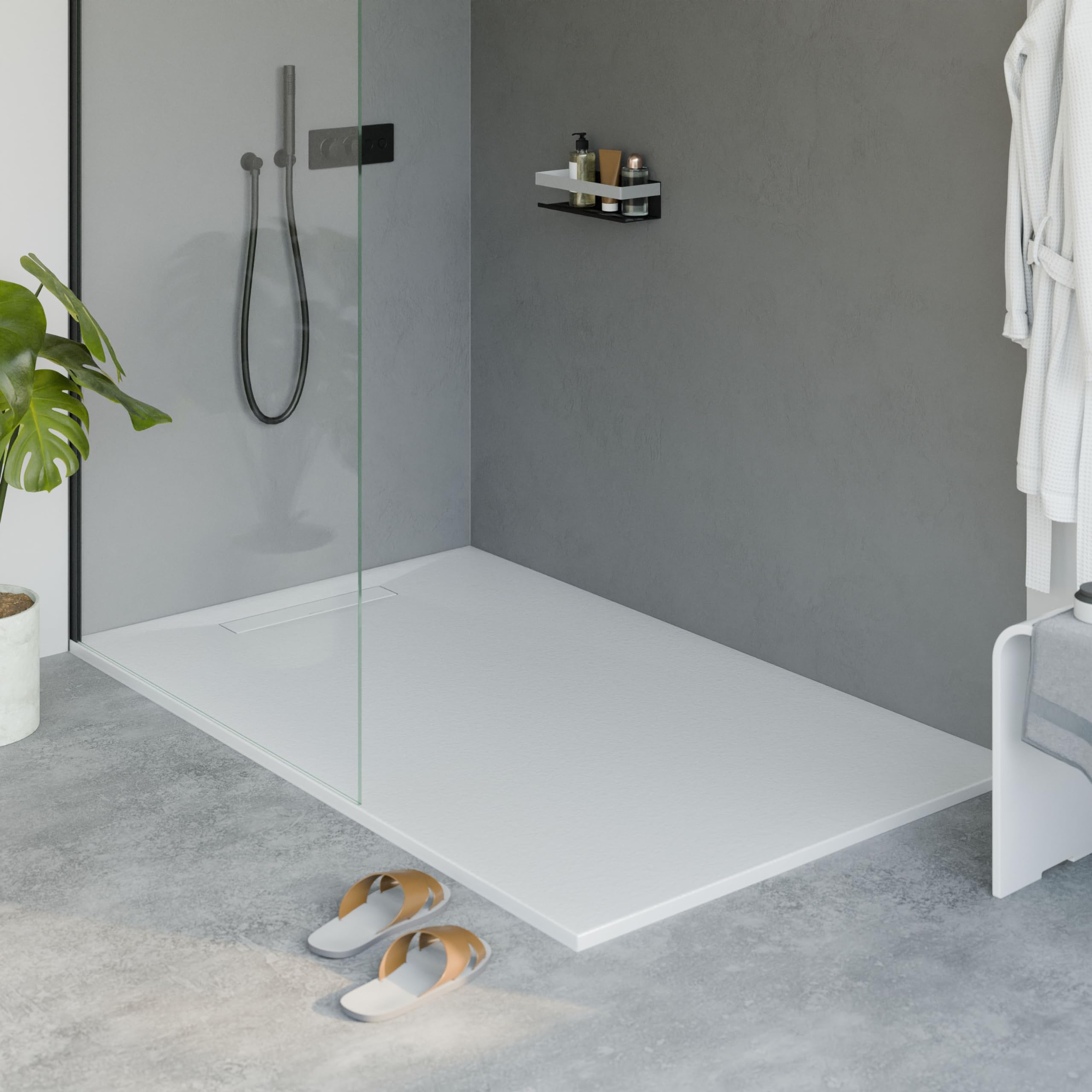BERNSTEIN - Receveur de douche Rectangulaire 100x160x2,6cm Blanc Mat Bac douche Plat Fonte Minérale Effet Pierre + Bonde Filtre Cheveux, Siphon, Pente & Couvercle, Résistant & Durable - LAVOA
