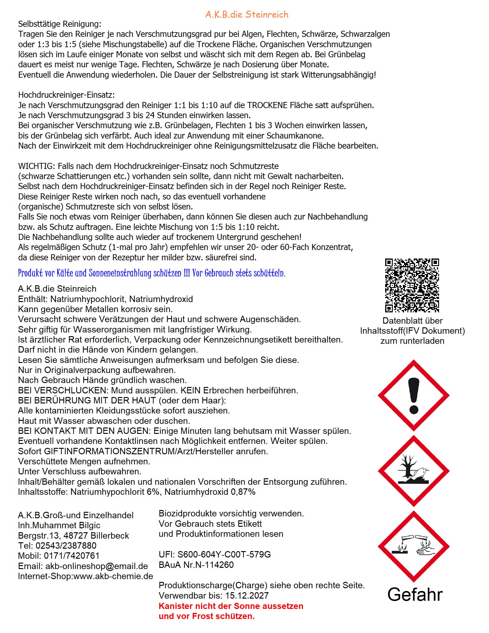 A.K.B. Steinreich - Steinreiniger Außen 2,5 Liter - Grünbelagentferner Konzentrat für selbsttätige Reinigung und saubere Wege & Plätze - Steinreiniger intensiv außen