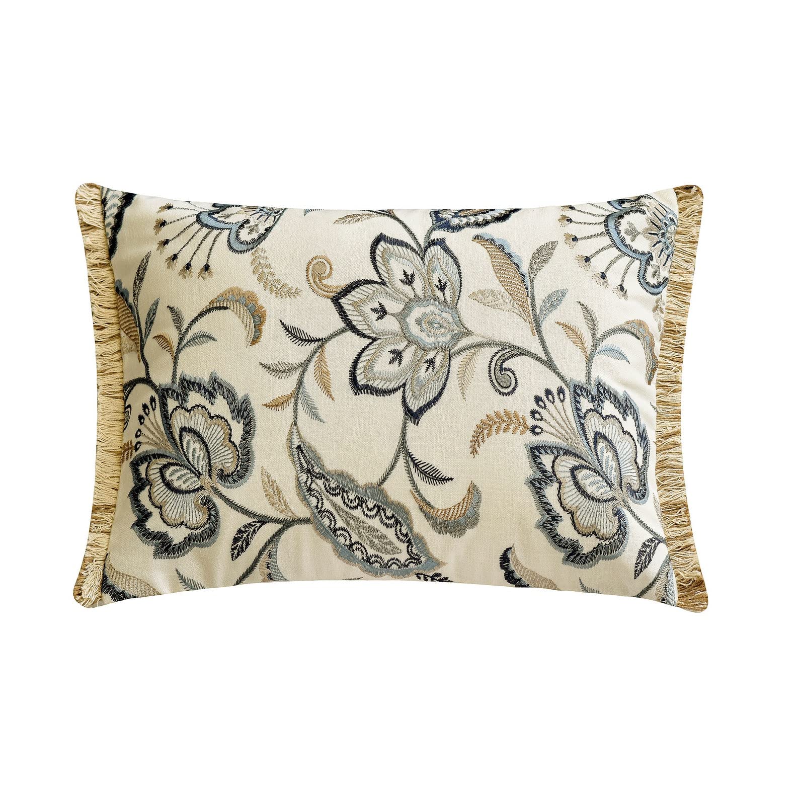 The HomeCentric Decorative Blue Pack of 2, 30x35 cm (12"x14") Lumbar Cushion Covers, Linen Embroidery & Jute Lace trim Lumbar Cushion Covers, Floral Pattern Contemporary Style - Atasi