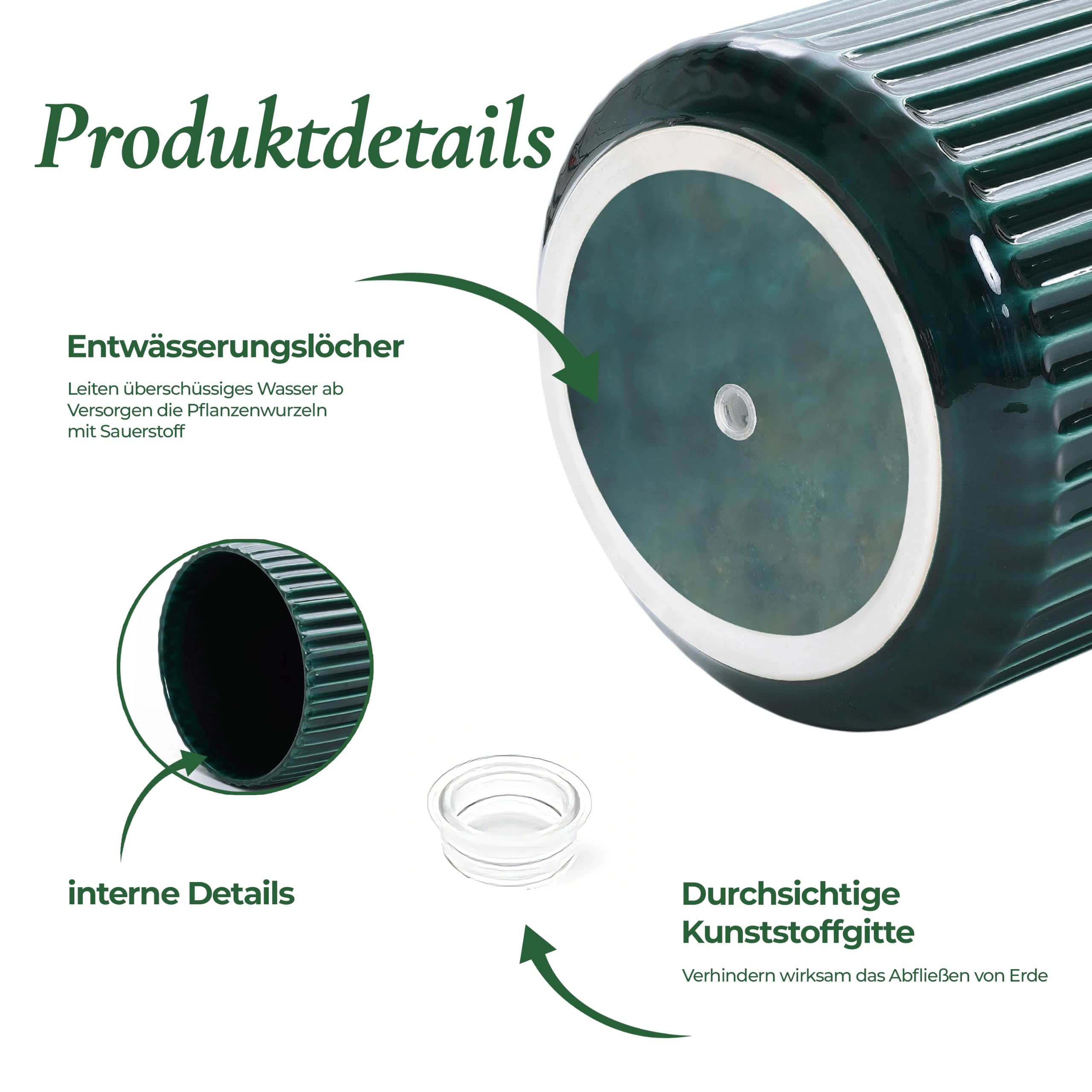 Keramik Blumentopf Groß, Ø30 Round Übertöpfe mit Drainage Dunkelgrün