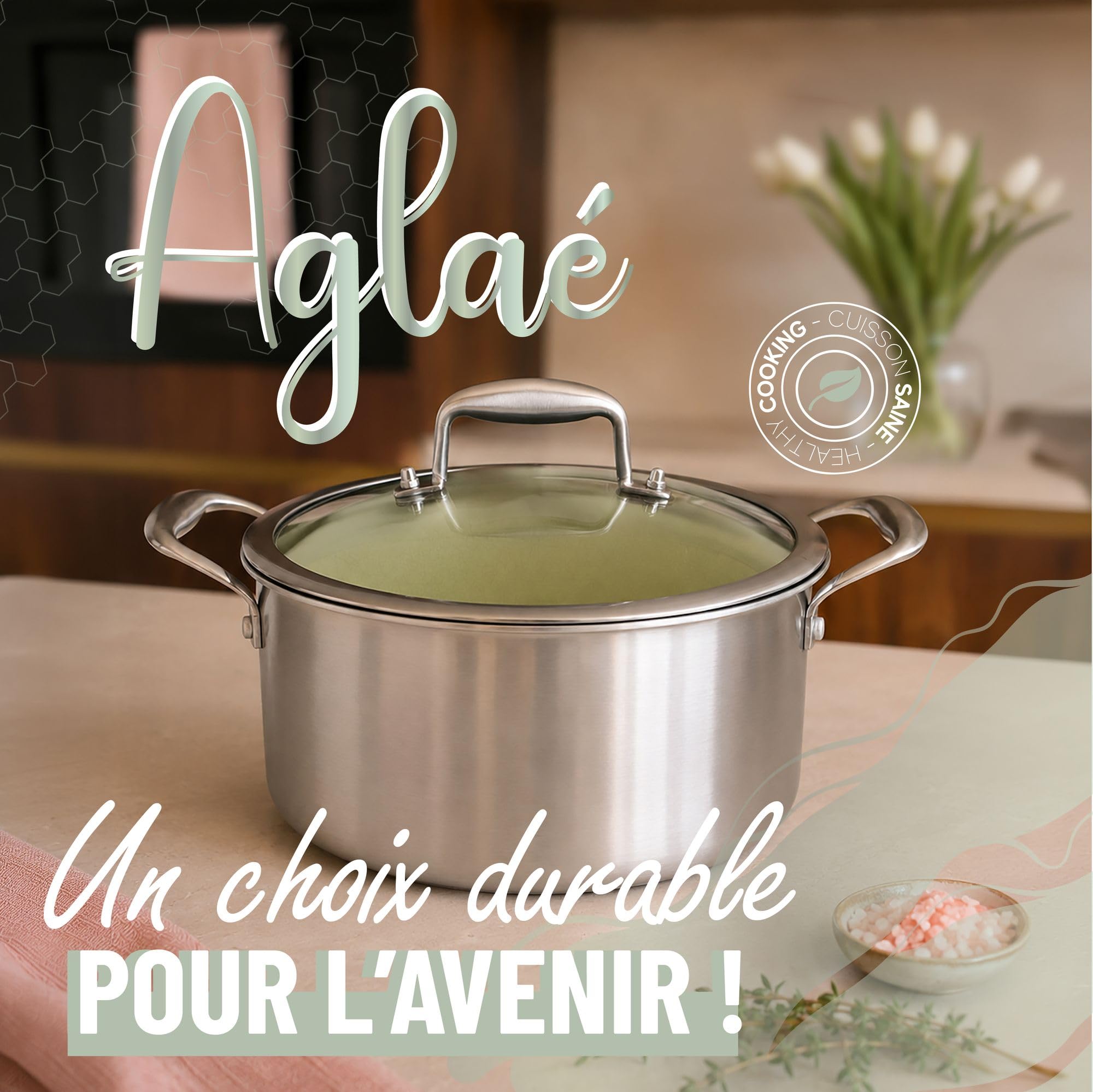 MENASTYL - Faitout 24 cm Aglaé en inox triply - Revêtement antiadhésif céramique nid d'abeille sans PFAS - Tous feux induction - Vert sauge - Four et lave-vaisselle - Sans PTFE/PFOA - Haute résistance