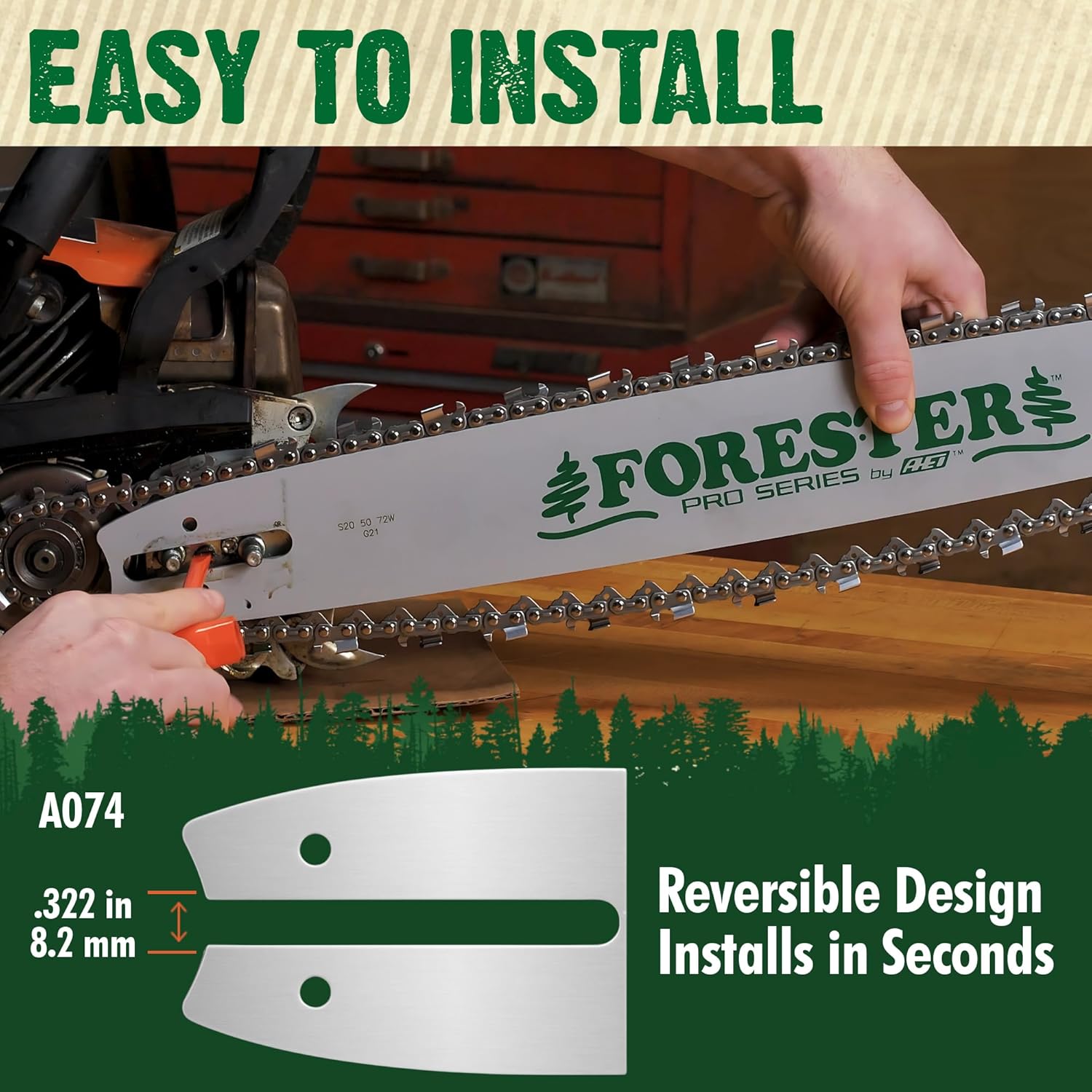 FORESTER 18" Replacement Chainsaw Bar & Chain Combo - 18in Length, .325 Pitch, .063 Gauge, A074 Mount, 68 Drive Link - Replacement Chain Saw Parts Kit For Stihl