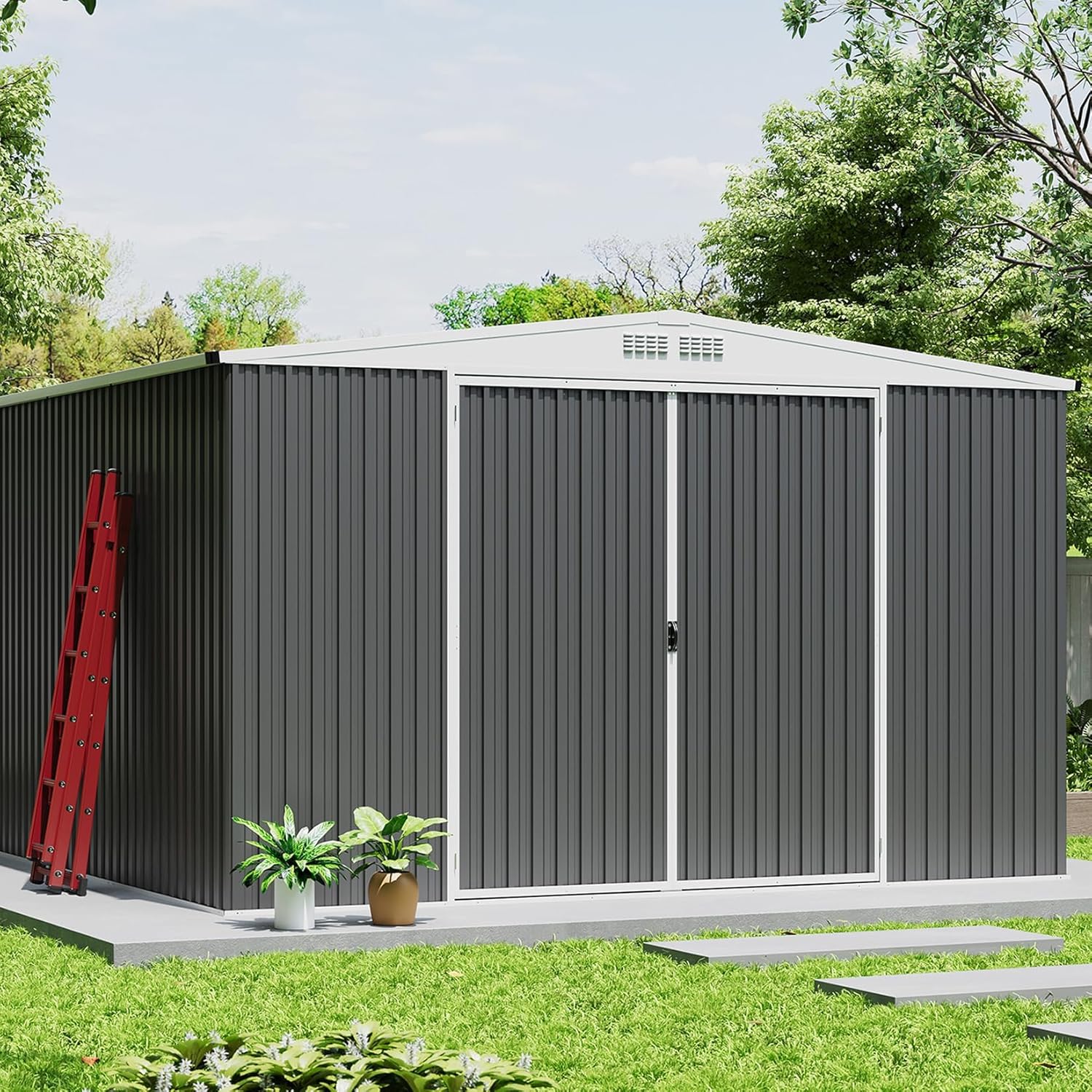 9x12FT Outdoor Storage Shed, Galvanized Steel Metal Garden Tool Shed with with Lockable Doors, Lock & Air Vent, Large Utility Sheds for Backyard, Poolside, Patio