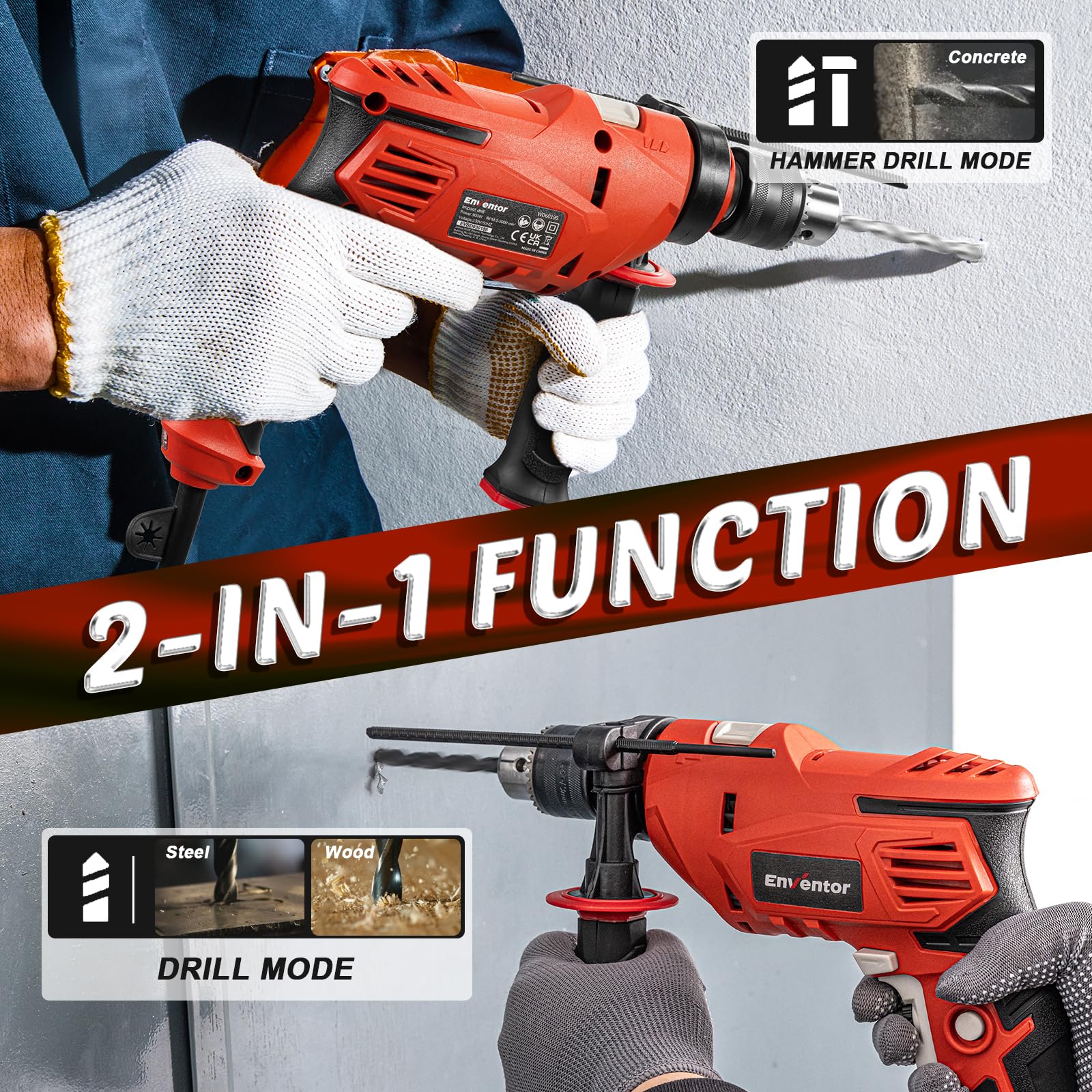 ENVENTOR Perceuse à Percussion Filaire 900W, Perceuse électrique avec 36 Accessoires, Fonction 2 en 1, 0-3000 tr/min, Poignée Rotative à 360°, mandrin de perçage 13 mm, pour Béton, Métal et Bois