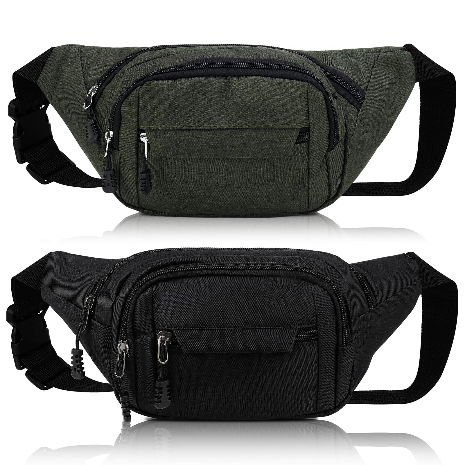 Meng Jiaran 2 Pack Bum Bag Bumbag for Men Women,Waterproof Waist Fanny Pack for Ladies, 4 Zip Pockets Adjustable Belt Cross Body Bumbags for Sport Running Walking Travel Cycling,Black,Grey Green โ image 1