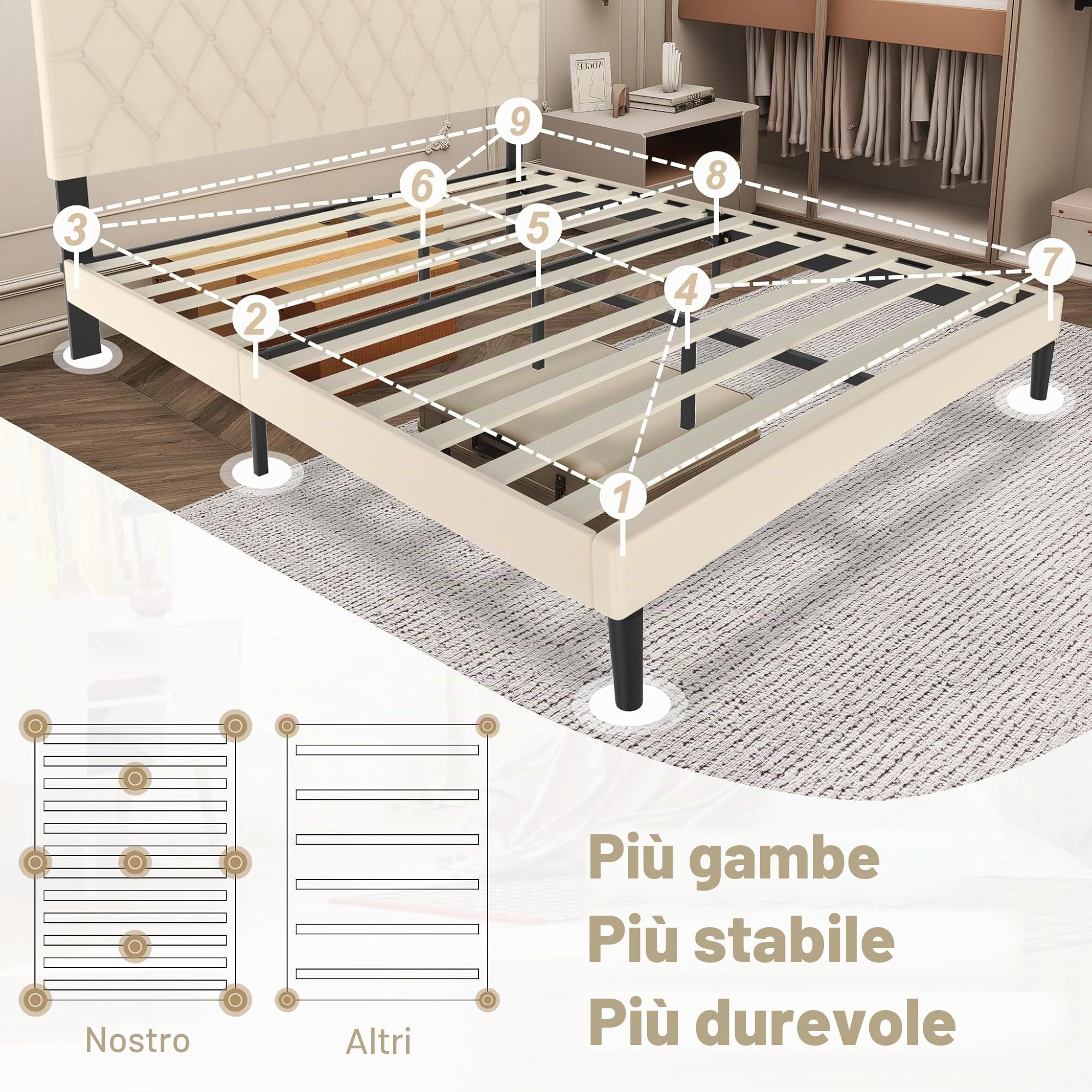 UISEBRT Letto imbottito 160 x 200 cm - Telaio con bottoni e testiera imbottita in ecopelle - Supporto in legno - Letto matrimoniale moderno