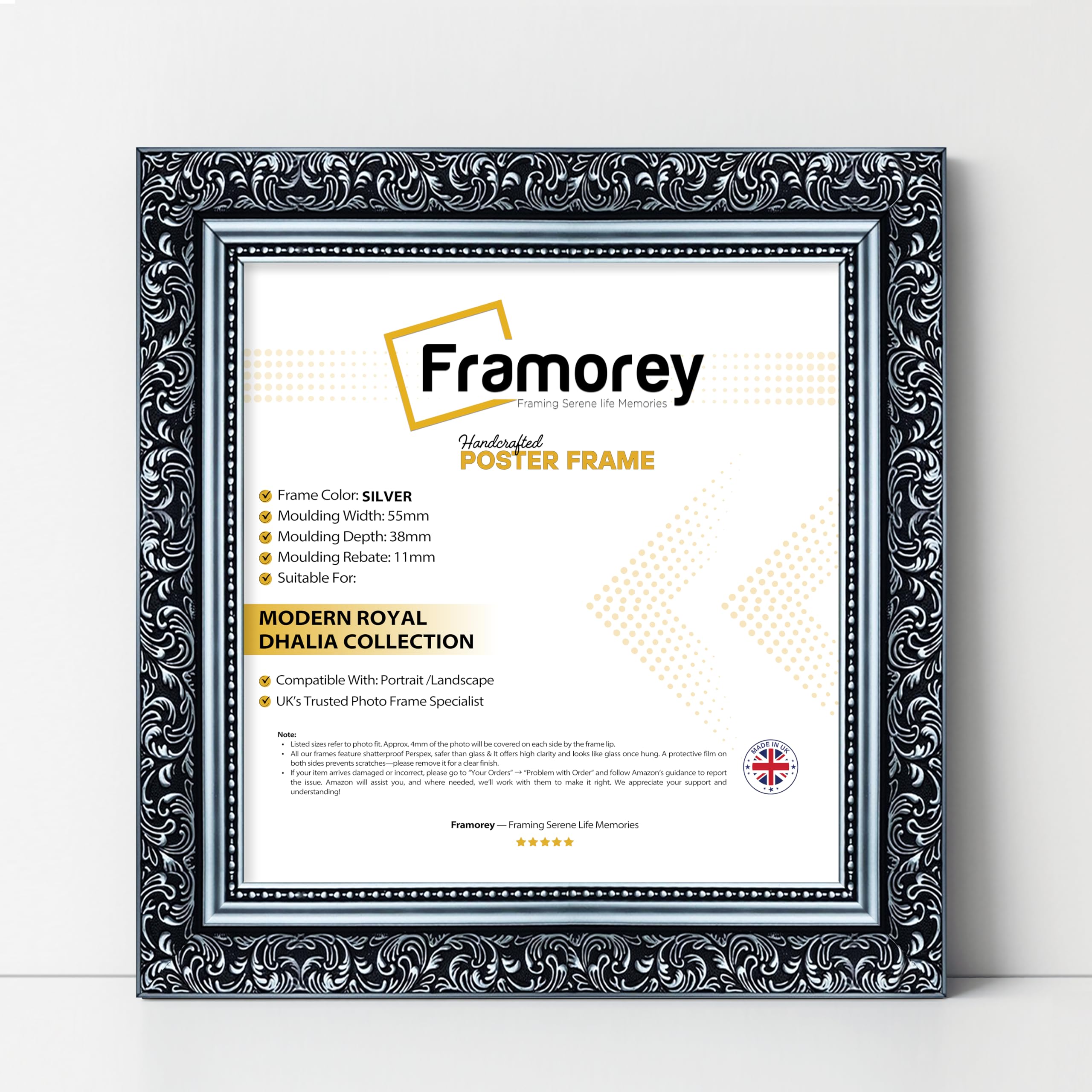 FRAMOREY Square Size Picture Frame, 20x20 CM Size Silver Photo Frame, Dahlia Ornate Effect Wall Art Poster Frame, Casual Wall Art Frames