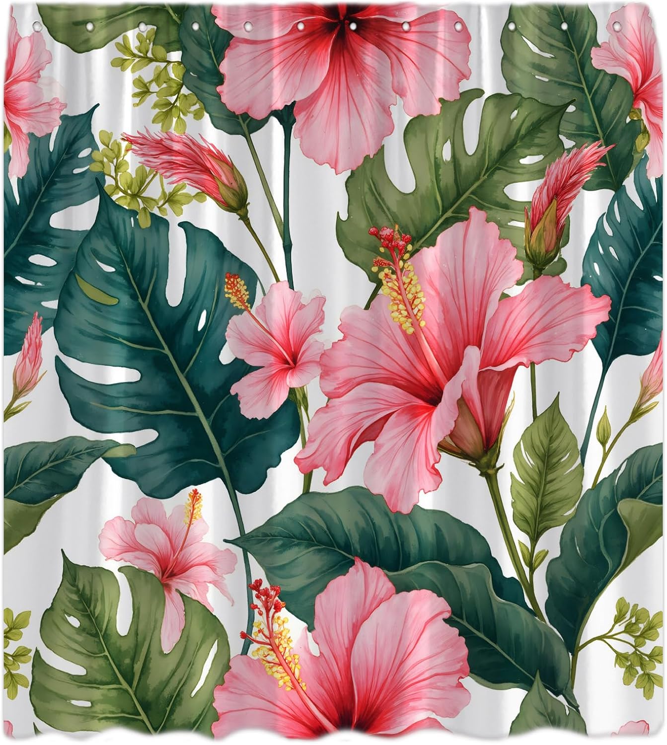 Tropical Floral Plant Shower Curtain Vintage Pink Hibiscus Flower Green Palm Banana Monstera Leaves Hawaii Botanical Decor Bathroom Curtain Set with Hook
