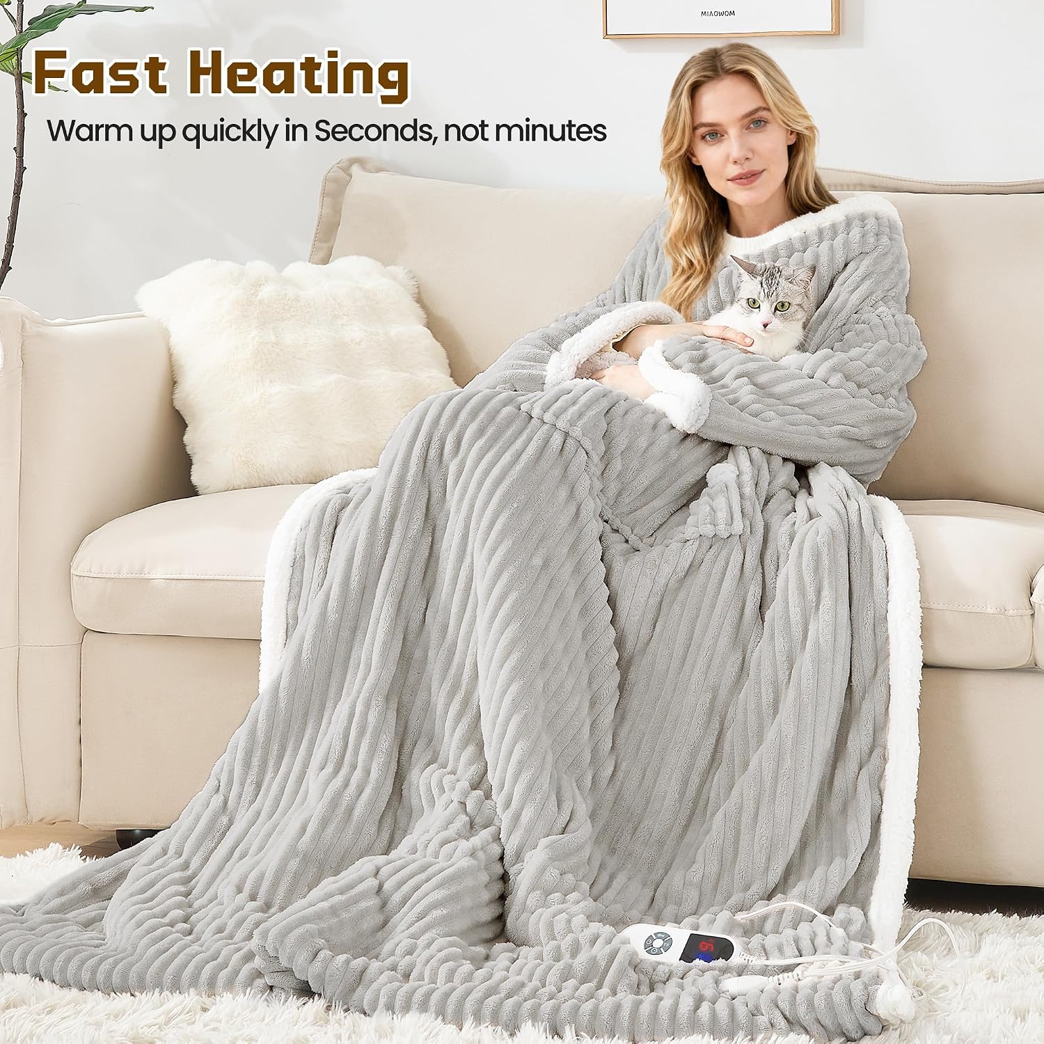 Wearable Heated Blanket with Sleeves& Foot Pocket Electric Robe, Light Gray image 3