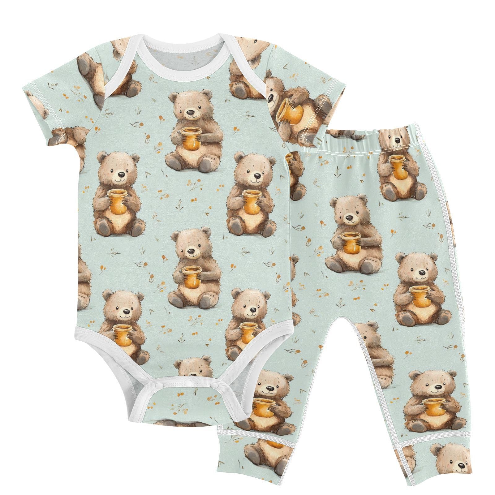 vvfelixl Brown Bear Honey Baby Layette Sets,Baby Bodysuits Set Unisex Short Sleeve Babys Pants Sets 9-12M