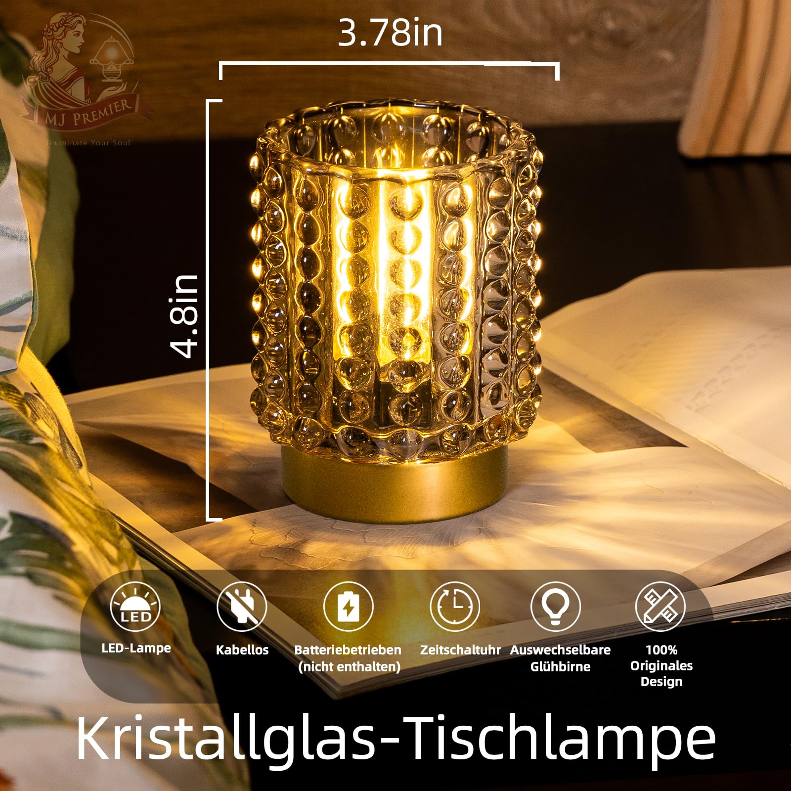 MJ PREMIER Batteriebetriebene Tischlampe mit Timer, Mini Glaslampe Kabellos, Kleine Kristall-Leuchte für Schlafzimmer, Bad, Flur, Regal – Ohne Steckdose Nutzbar, für Dekoration (Grau)