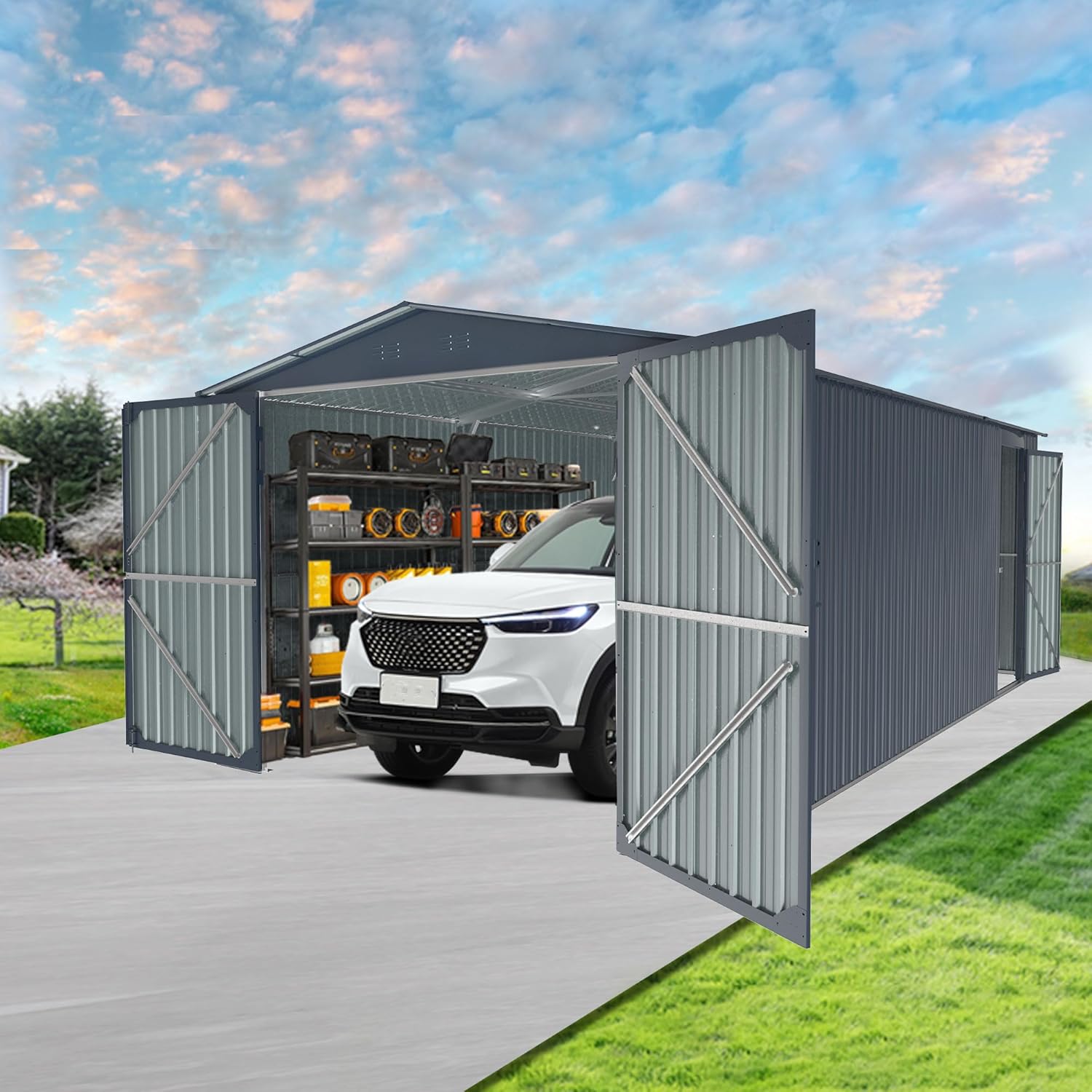 LANTRO JS Metal Garage Shed, Large Outdoor Shed Without Floor Heavy Duty for Project Cars Recreational Vehicles ATVs Motorcycles Jet Skis, Black (13x20ft Plus)
