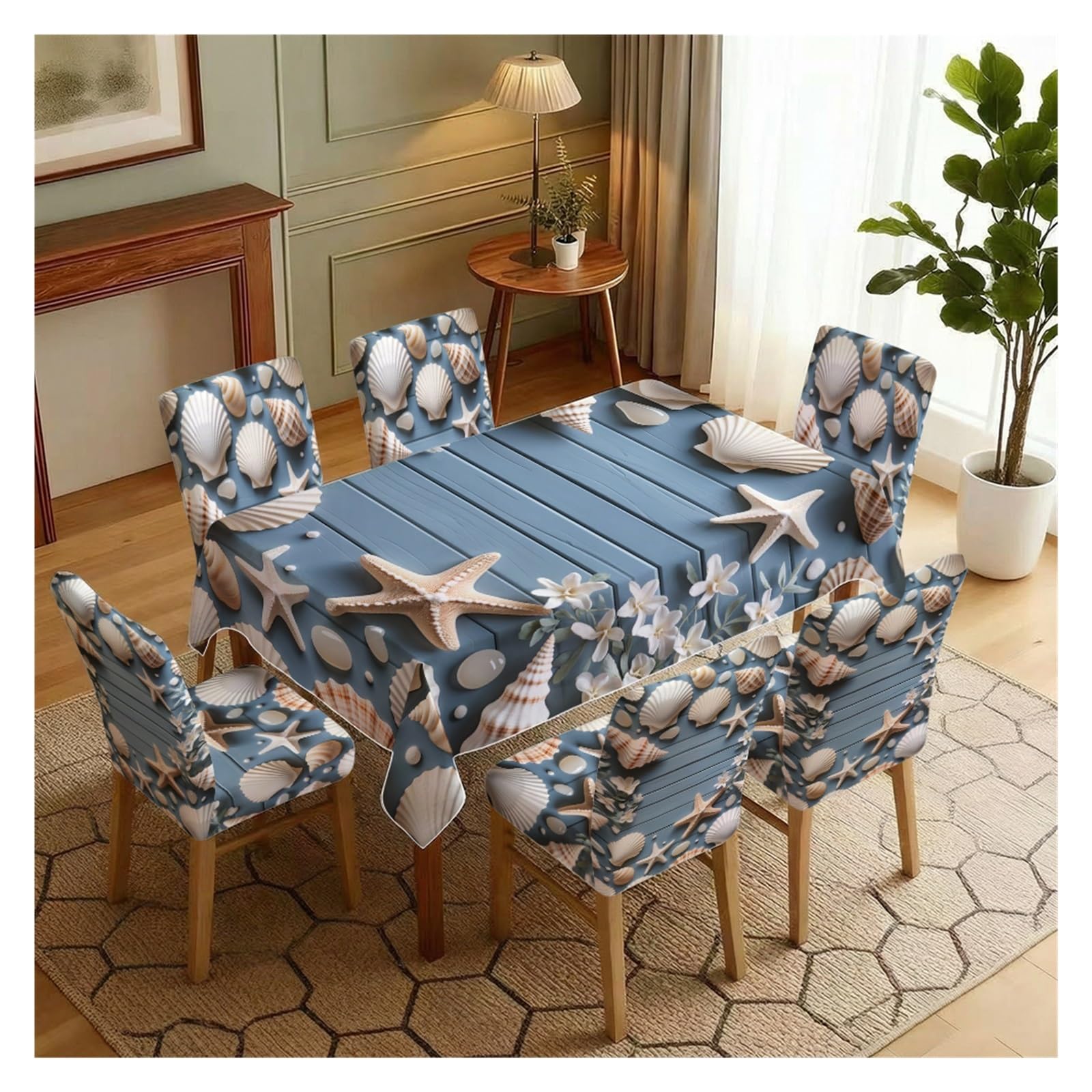 KXUAUV Blue Wooden Plank Seashell Starfish Dining Chair Covers & Tablecloth Set, 5/7 Piece Coastal Nautical Slipcovers For Beach Farmhouse Decor Party Decor(7pcs Set: Tablecloth+Chair Covers)