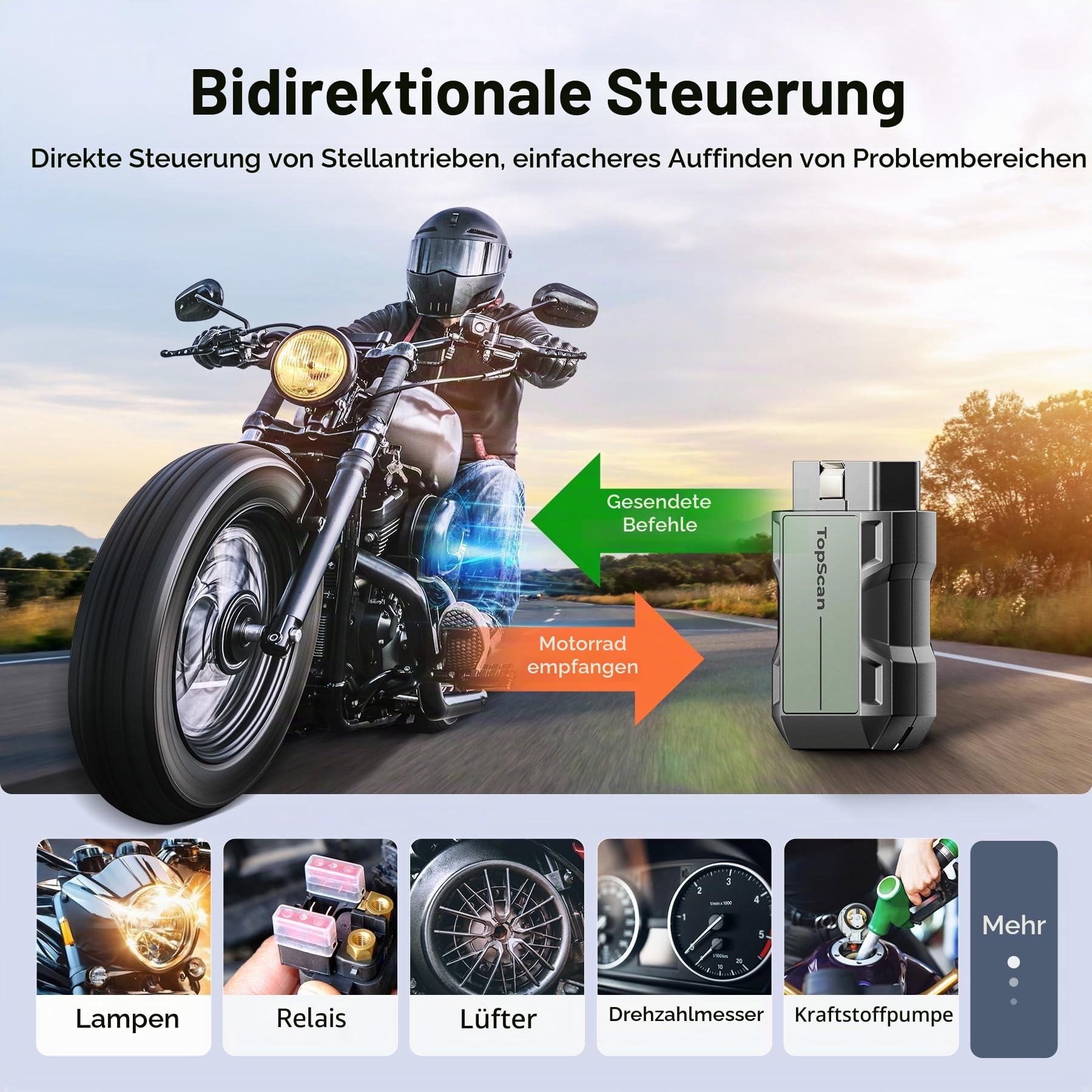 TopScan Motorrad OBD2 Diagnosegerät, Kabelloser Motorrad OBD2 Diagnosewerkzeug, Passend für Harley, Ducati, BMW, Alle Systeme Scan Tool mit Hot Reset Funktionen, Datenstrom, Grau