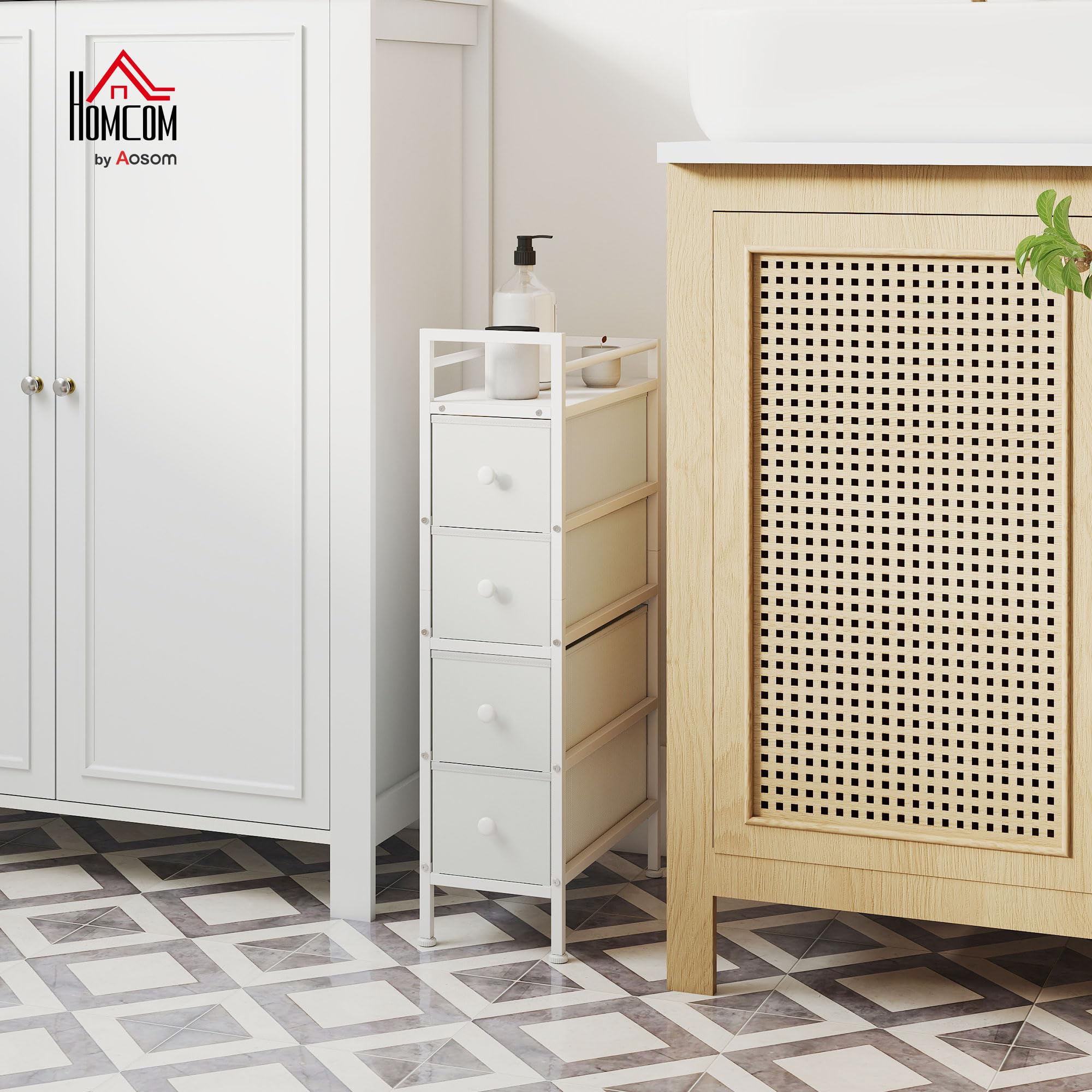 HOMCOM Cómoda con 4 Cajones de Tela, Cómoda para Dormitorio Estrecha con Marco de Acero, Cajonera para Espacios Pequeños, Sala de Estar, Vestidor, Baño, Blanco