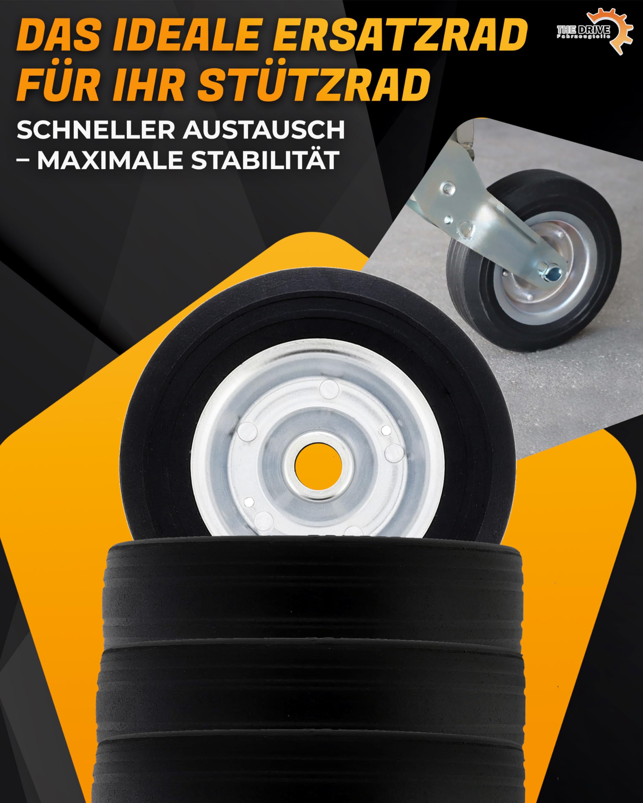 Ersatzrad 200x60 mm für PKW Anhänger-Stützrad | 400 kg Traglast | Ø 20mm Achsdurchmesser | Vollgummi mit Stahlfelge