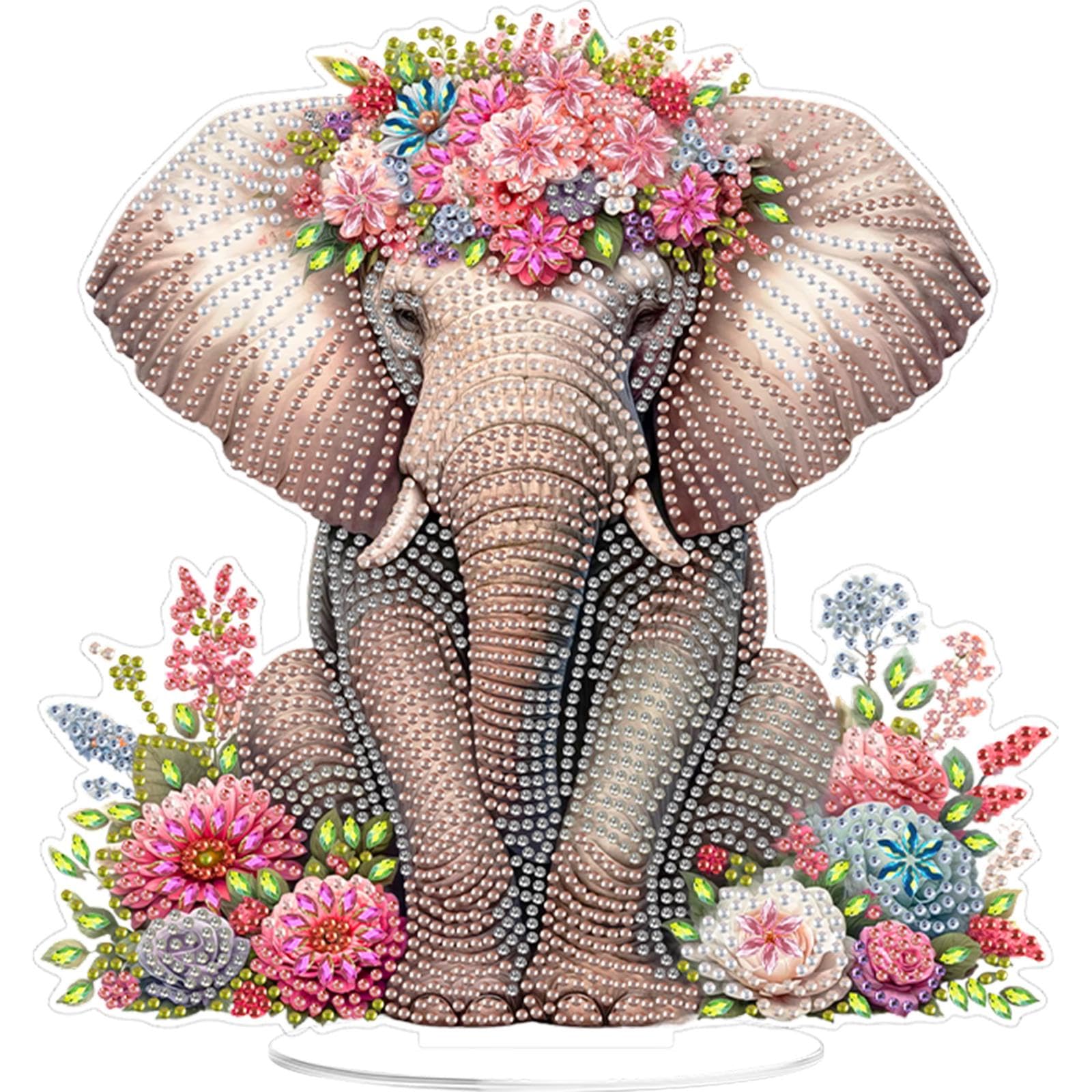 5D Diamond Art Kits for Adults, DIY Tabletop Ornament with Special Shaped Rhinestone, Diamond Dot Desktop Decor, Stand Up Gem Painting Fun Craft Gift for Beginners(Flower Elephant)