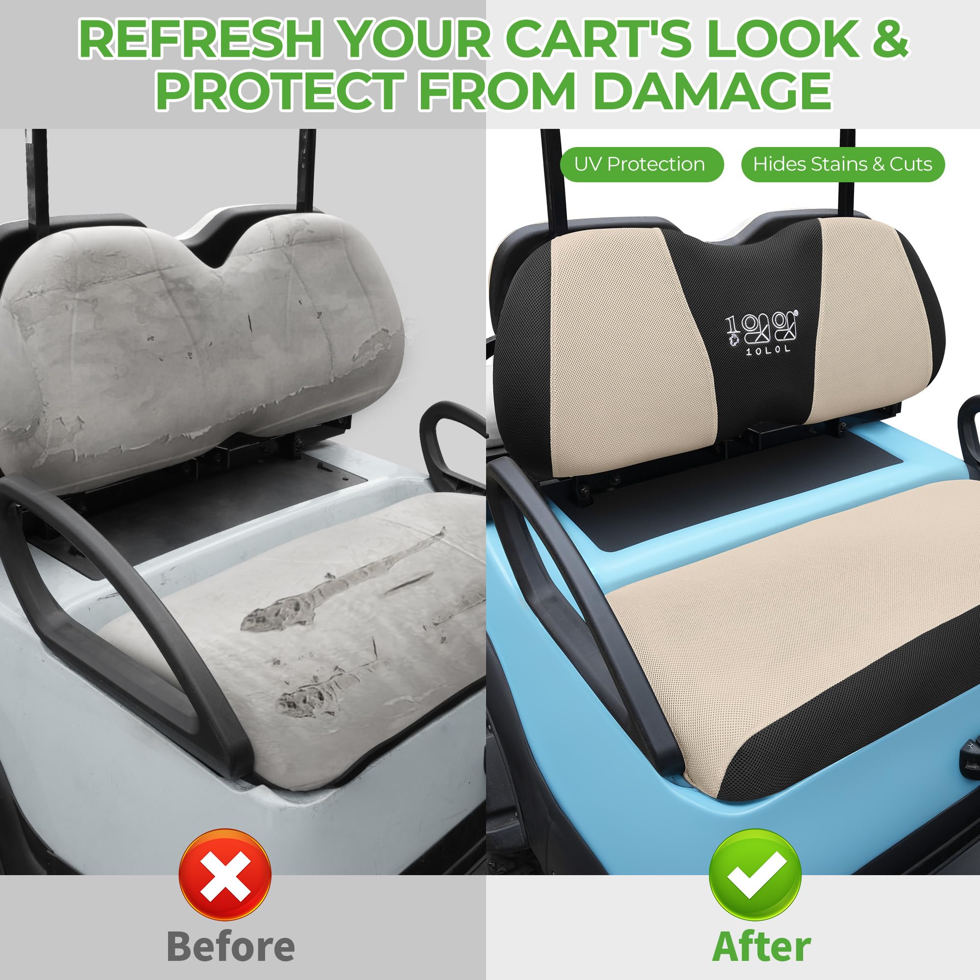 10L0L Golf Cart Sitzbezüge-Set, waschbares Polyester-Netzgewebe, passend für Club Car DS und Precedent, Yamaha Electric Golf Carts, Beige + Black-fits Club Car DS & Precedent, Yamaha