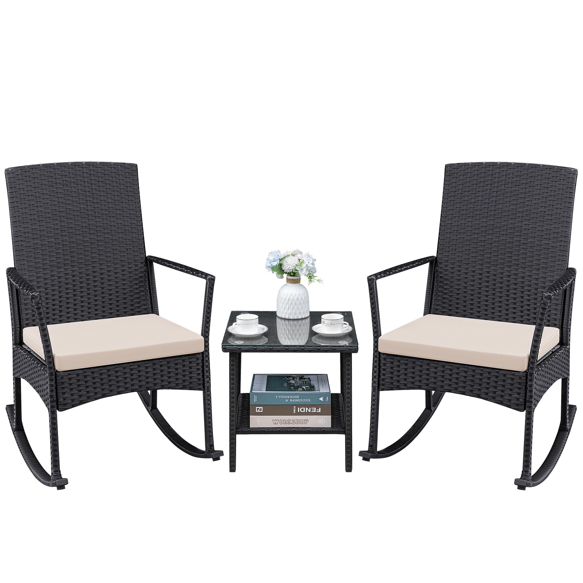Greesum 3 Pieces Patio Furniture Set Outdoor Wicker Rocking Chairs with Glass Coffee Table for Garden Backyard Porch Poolside, Beige