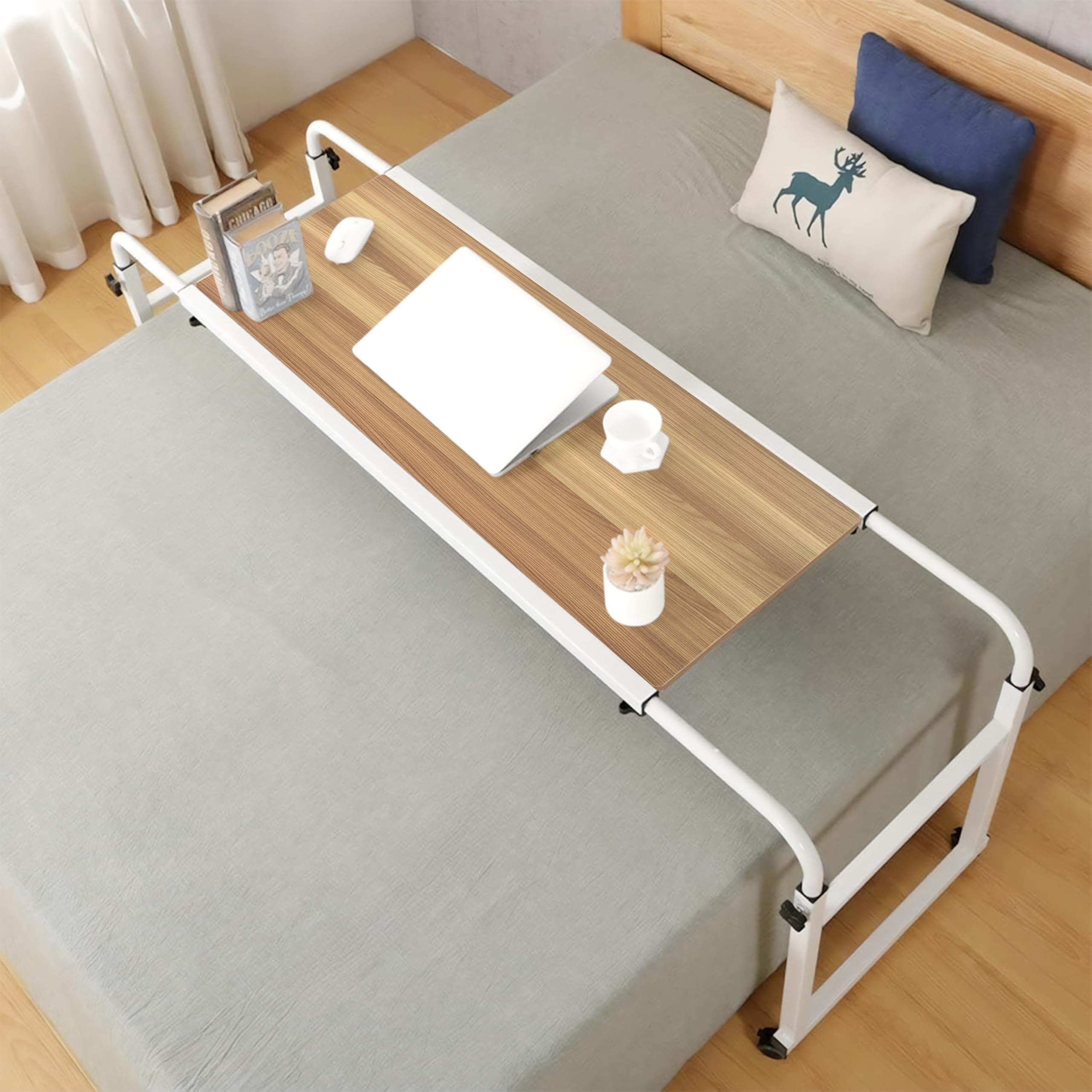 Livzing Height & Width Adjustable Multipurpose Table Trolley, Metal Overbed Table with Wheels for Hospital-Home-Laptop-Patients-Reading-Eating-Bedridden-Elderly-Bedroom, Engineered Wood Desk -(White)