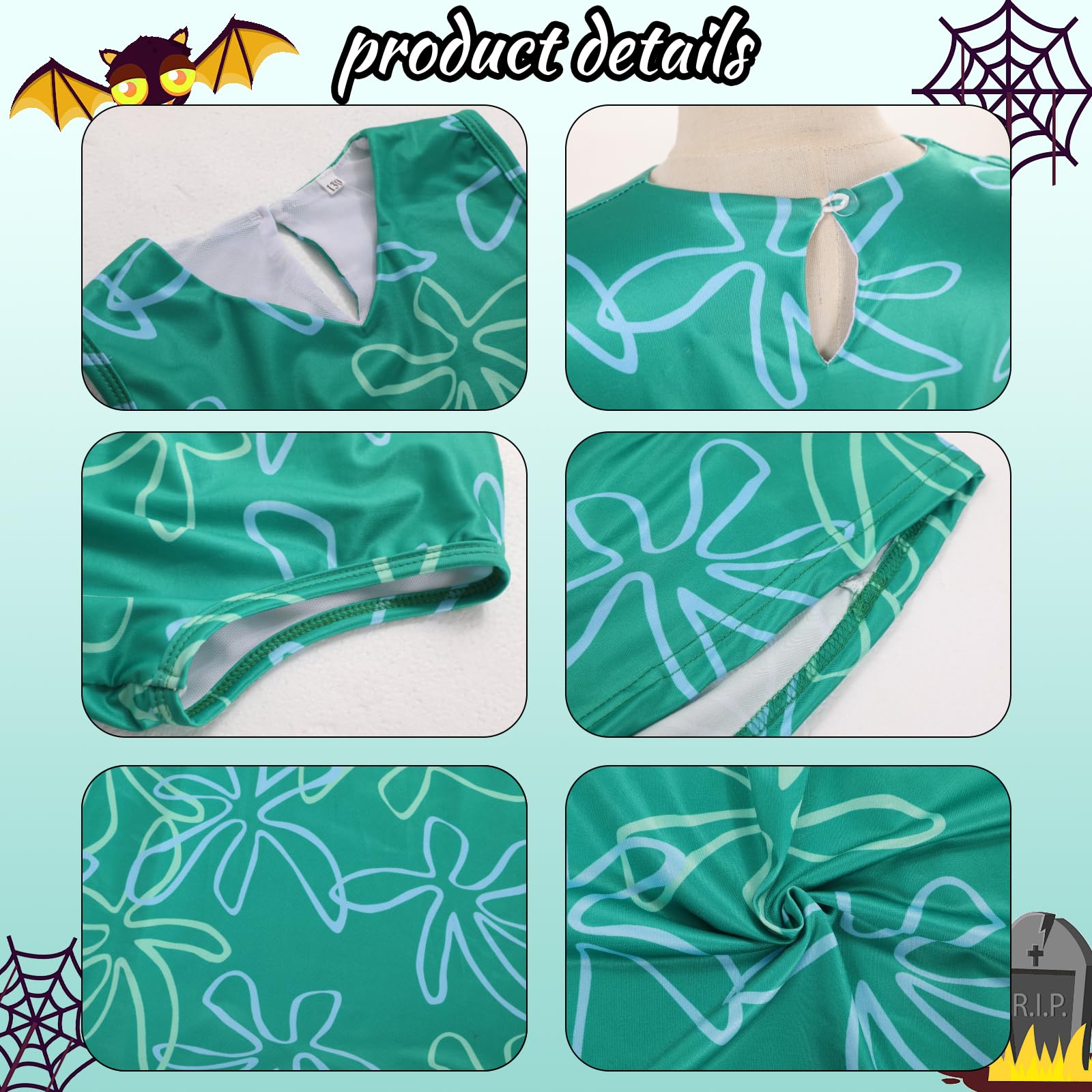 AENEY 9PCS Kids Girls Disgust Inside out Costume, Green Princess Dress with Wig Scarf Necklace Stocking - Image 4