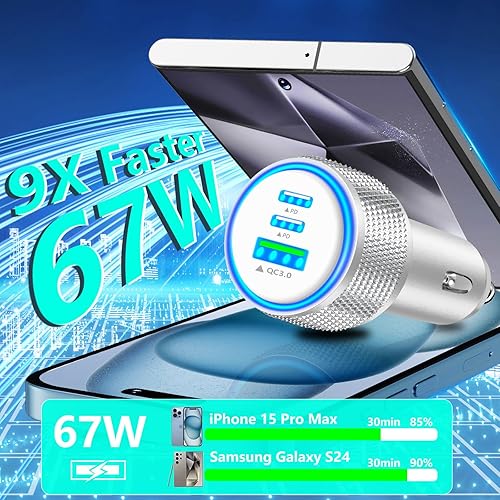 Miniatura 2 de Apple MFi Certified iPhone 17 Car Charger, KYOHAYA 3-Port 67W PDQC Power Adapter USB-C Fast Car Charging Cigarette Lighter with Type-C Cable for