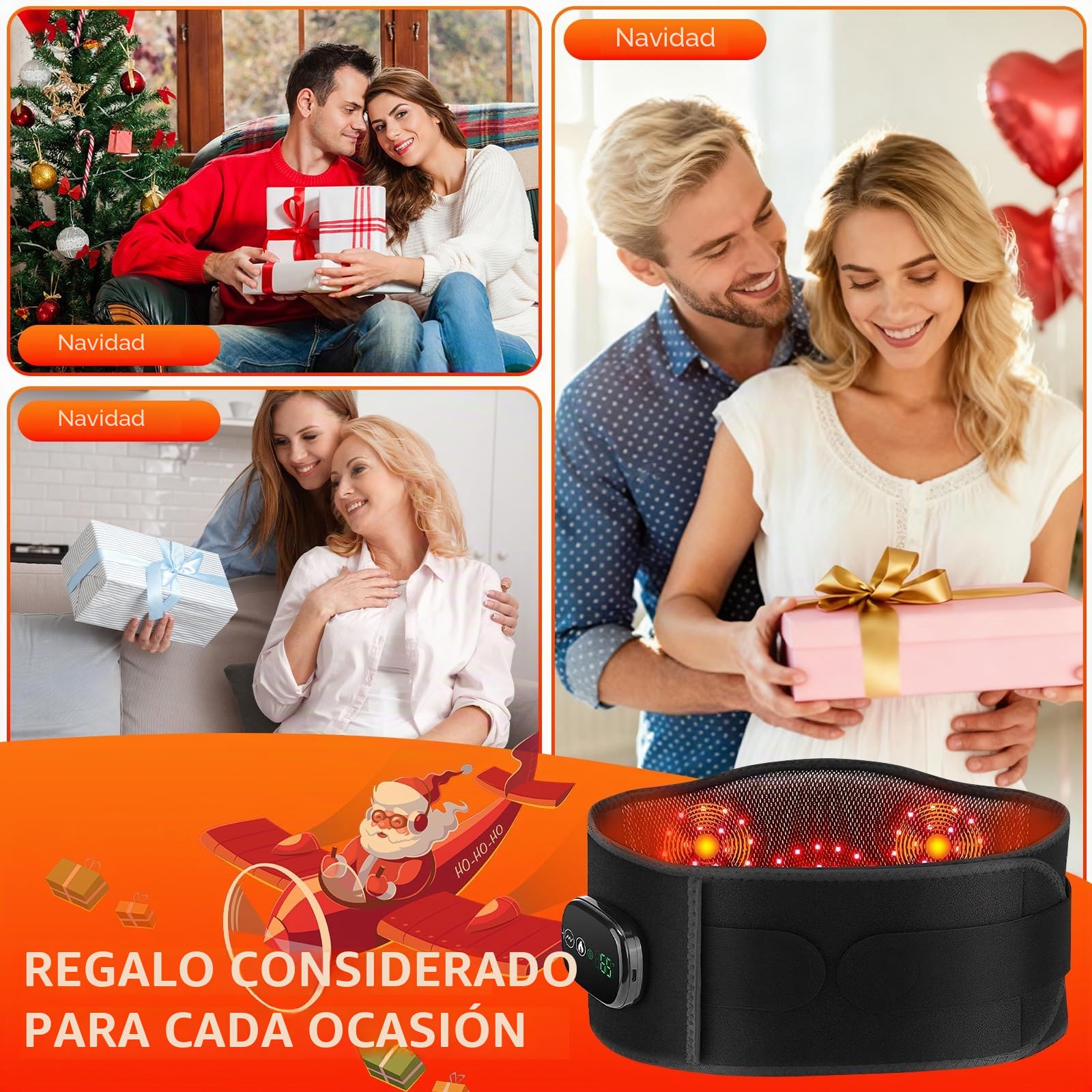 Manta Electrica Lumbar, Cinturon Lumbar Calefaccion Infrarroja Portatil con 5 Niveles de Calor, 5 Modos de Masaje, Batería de 5000mAh y Temporizador 30 Min, Hombre y Mujer (125 x 24 cm)