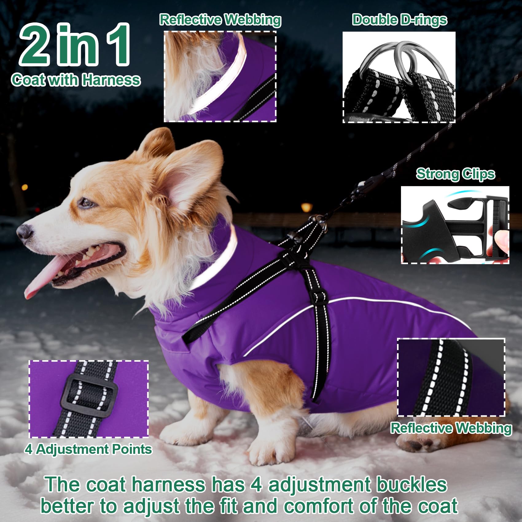 Fragralley Abrigo impermeable para perro con arnés integrado, chaqueta acolchada cálida con forro polar, parka reflectante ajustable resistente al viento para perros pequeños, medianos y grandes