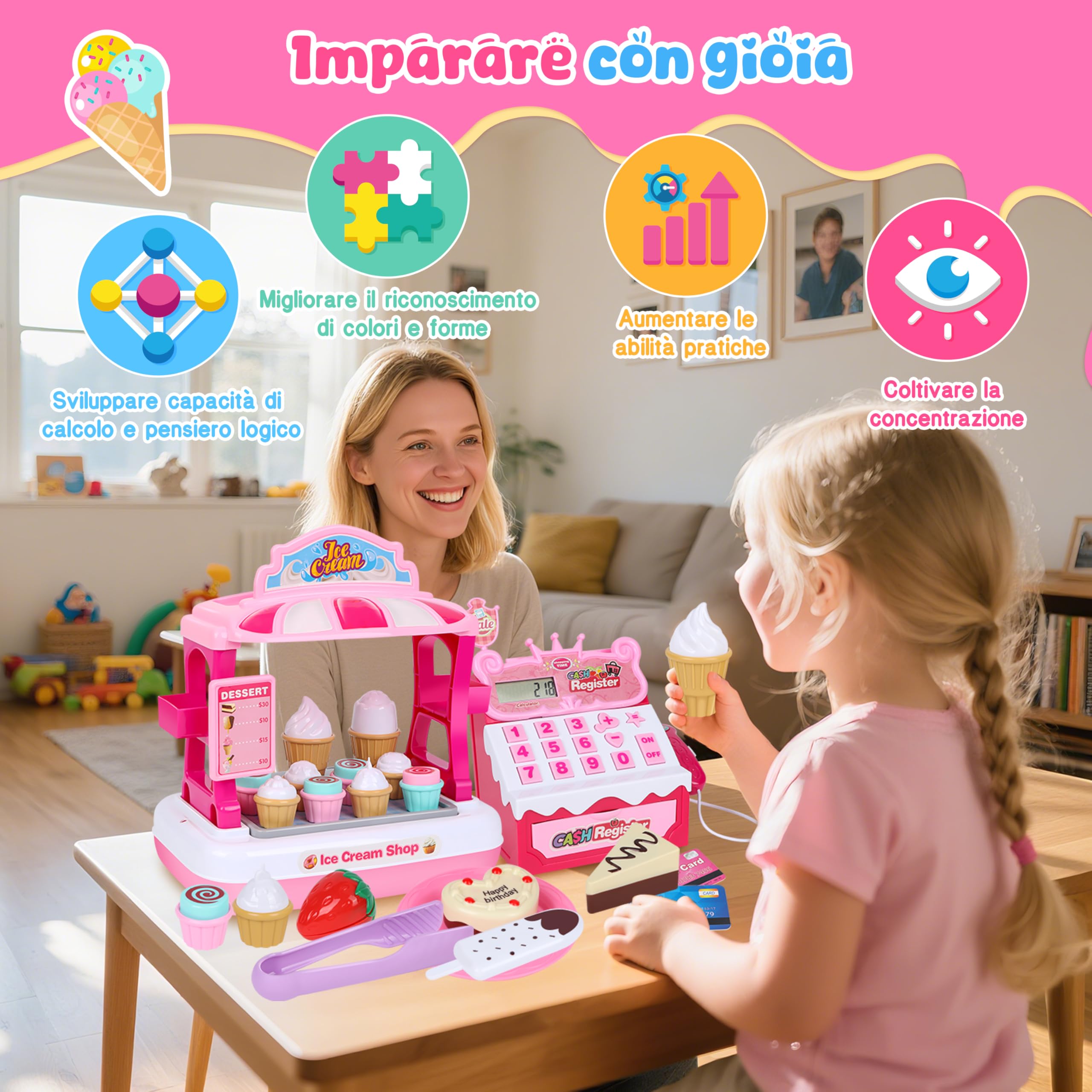 Charmofun Gelateria Giocattolo per Bambini - Incl. 48 Accessori (15 Gelati, 5 Torte, 7 Posate, Soldi Finti Ecc.), Cassa Negozio per Giochi di Ruolo, Cassa Giocattolo per Bambini Dai 3+ Anni