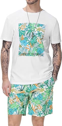 Conjunto corto floral para hombre conjunto de camisa y pantalones cortos de verano de manga corta con cuello redondo conjunto de 2 piezas