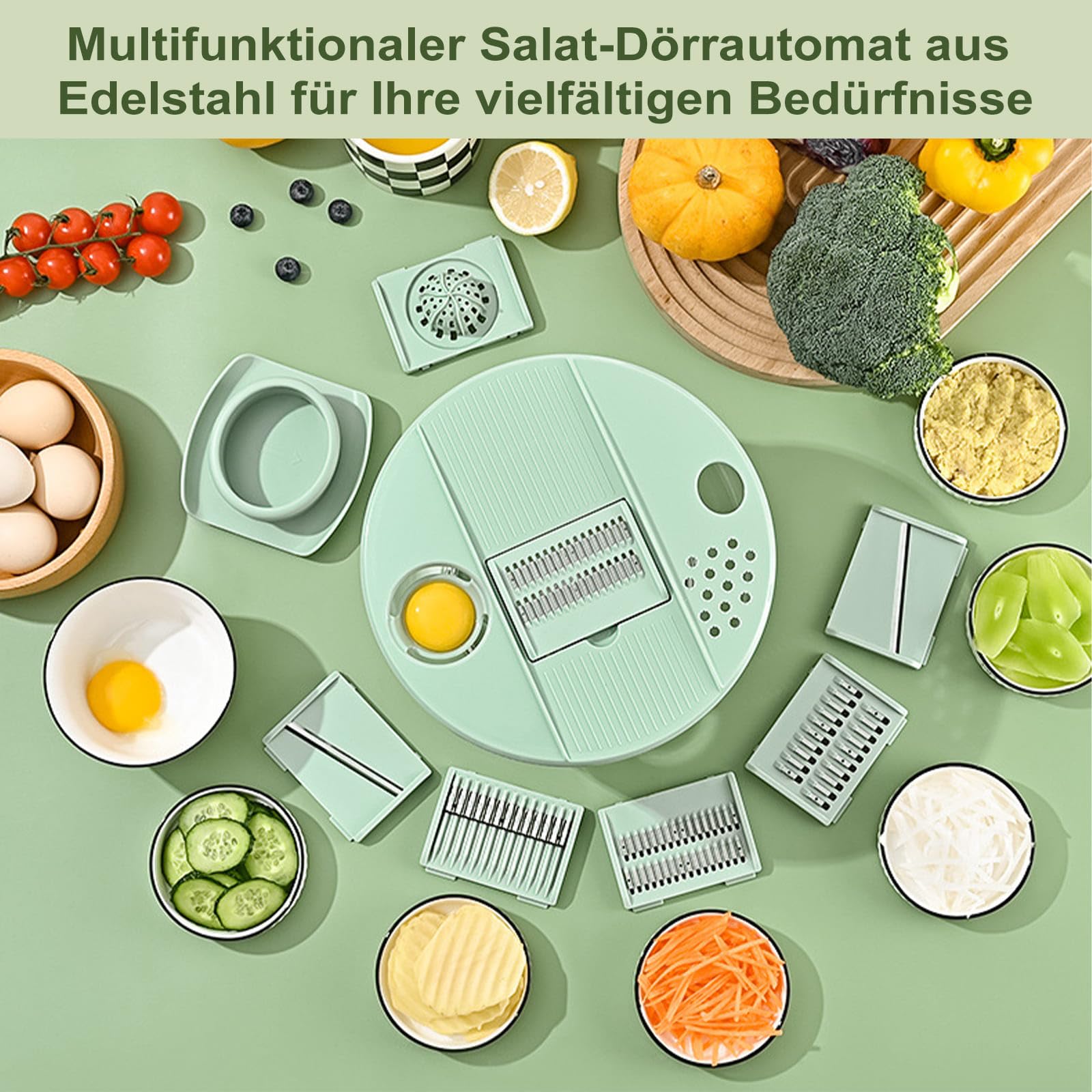 5L Salatschleuder Edelstahl, Gemüseschneider, Rührschüssel 3-in-1, mit 6 verschiedenen Ausstechern & rutschfestem Boden, Handkurbel-Design, Zum Obst und Gemüsehobel und trocknen, Küchenhelfer